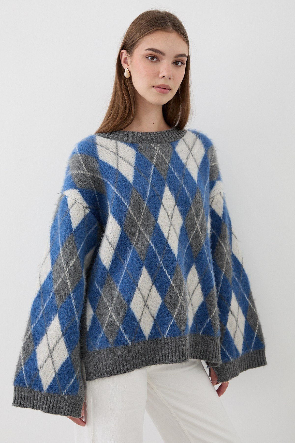 Kadın Mavi Oversize Argyle Desenli Triko Kazak