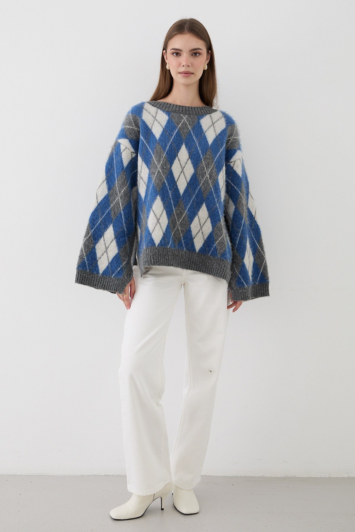 Kadın Mavi Oversize Argyle Desenli Triko Kazak