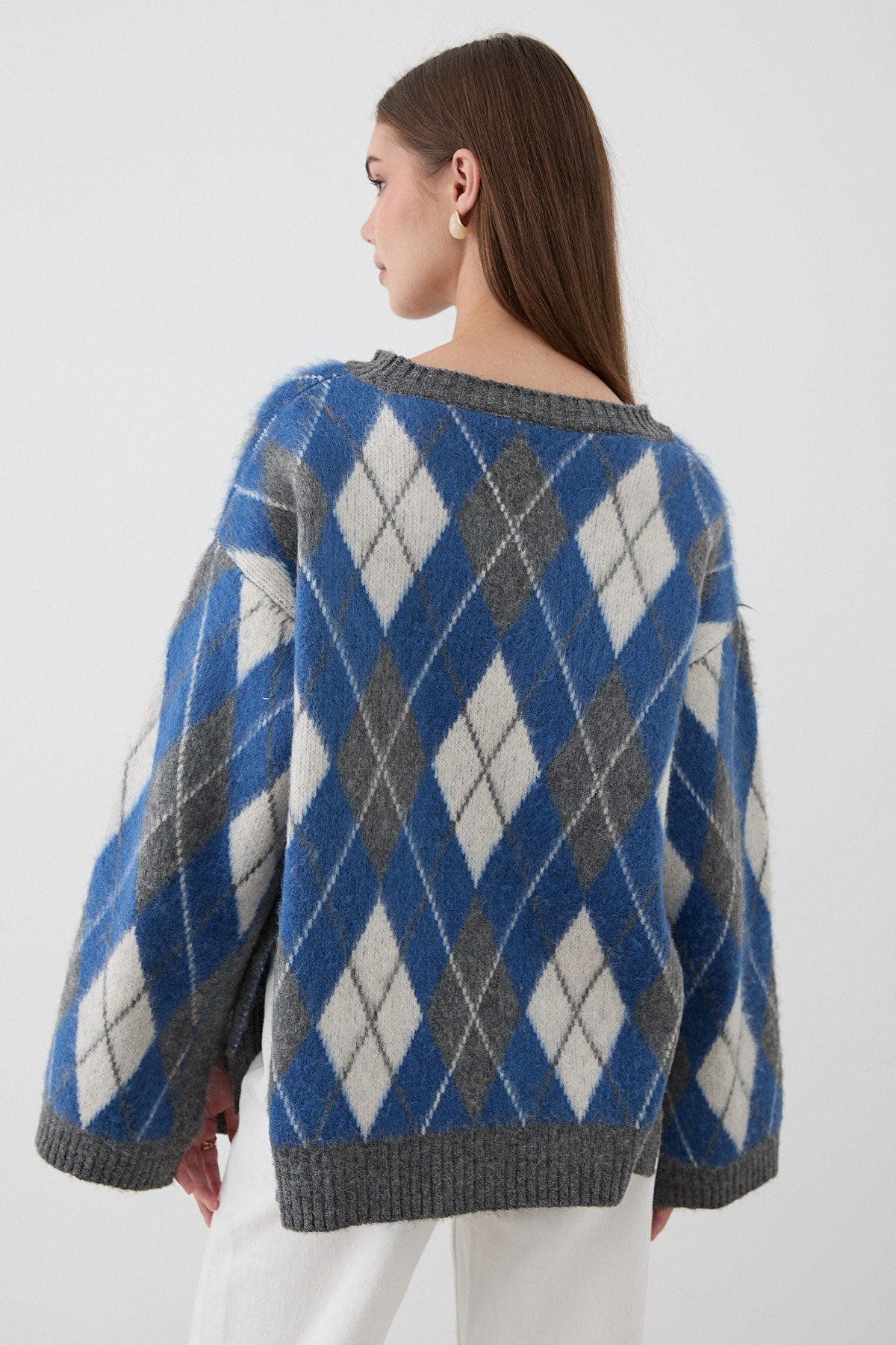 Kadın Mavi Oversize Argyle Desenli Triko Kazak