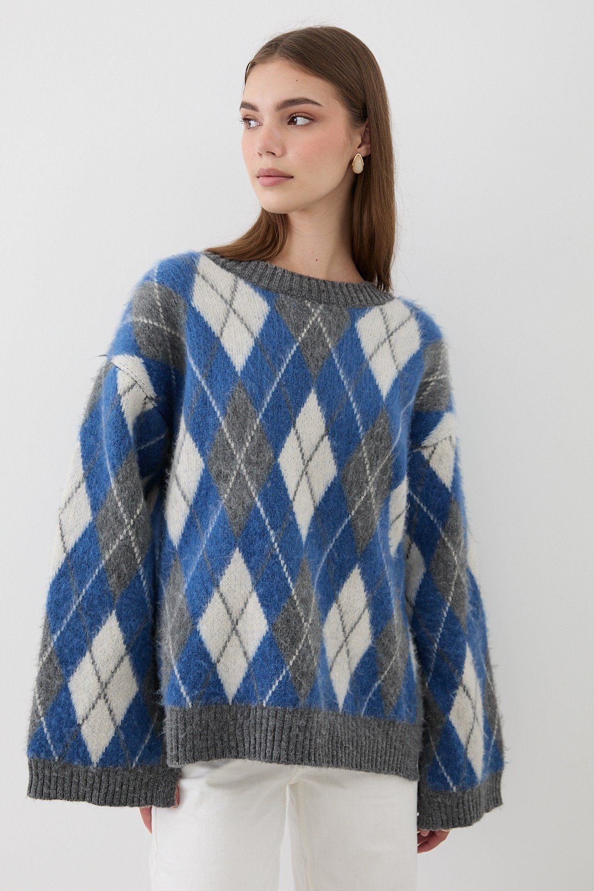Kadın Mavi Oversize Argyle Desenli Triko Kazak
