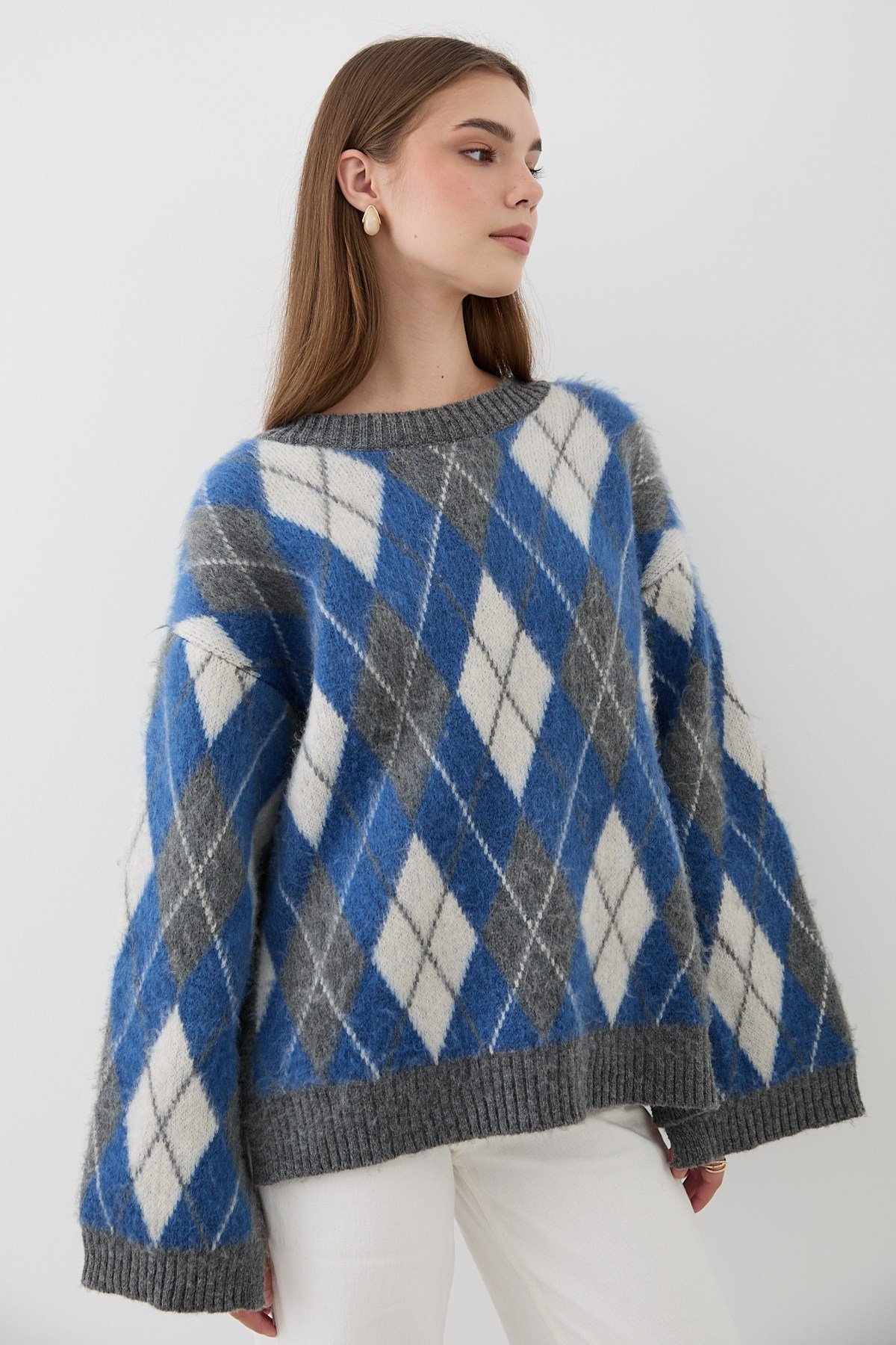 Kadın Mavi Oversize Argyle Desenli Triko Kazak