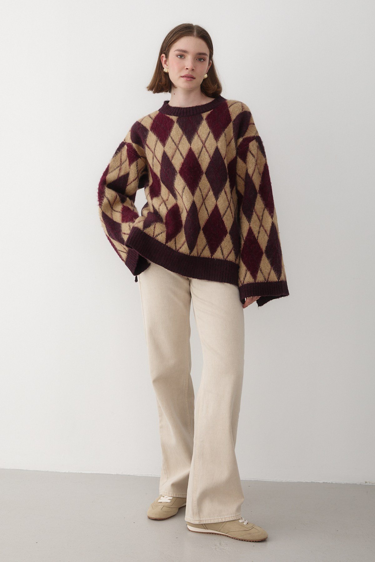 Kadın Mürdüm Oversize Argyle Desenli Triko Kazak