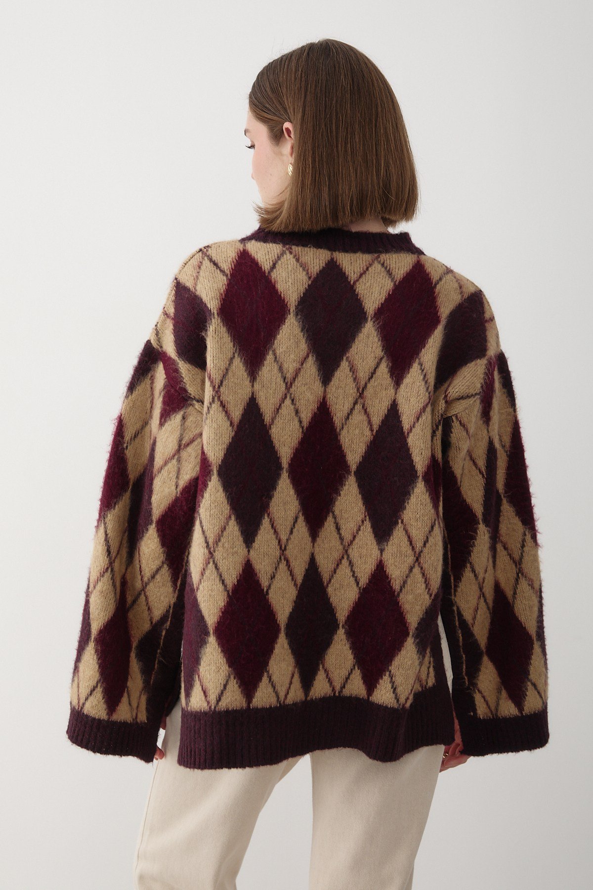 Kadın Mürdüm Oversize Argyle Desenli Triko Kazak