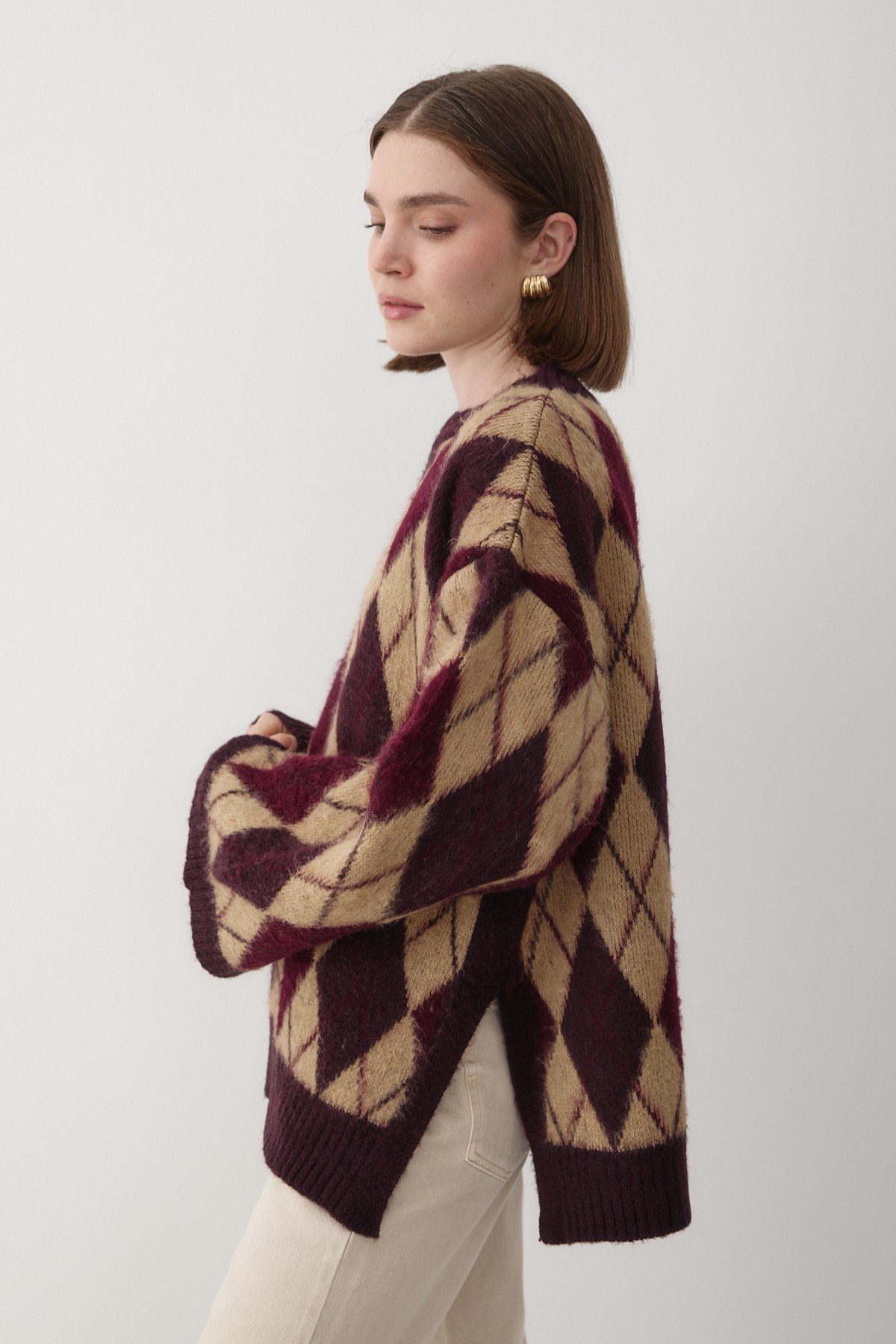 Kadın Mürdüm Oversize Argyle Desenli Triko Kazak