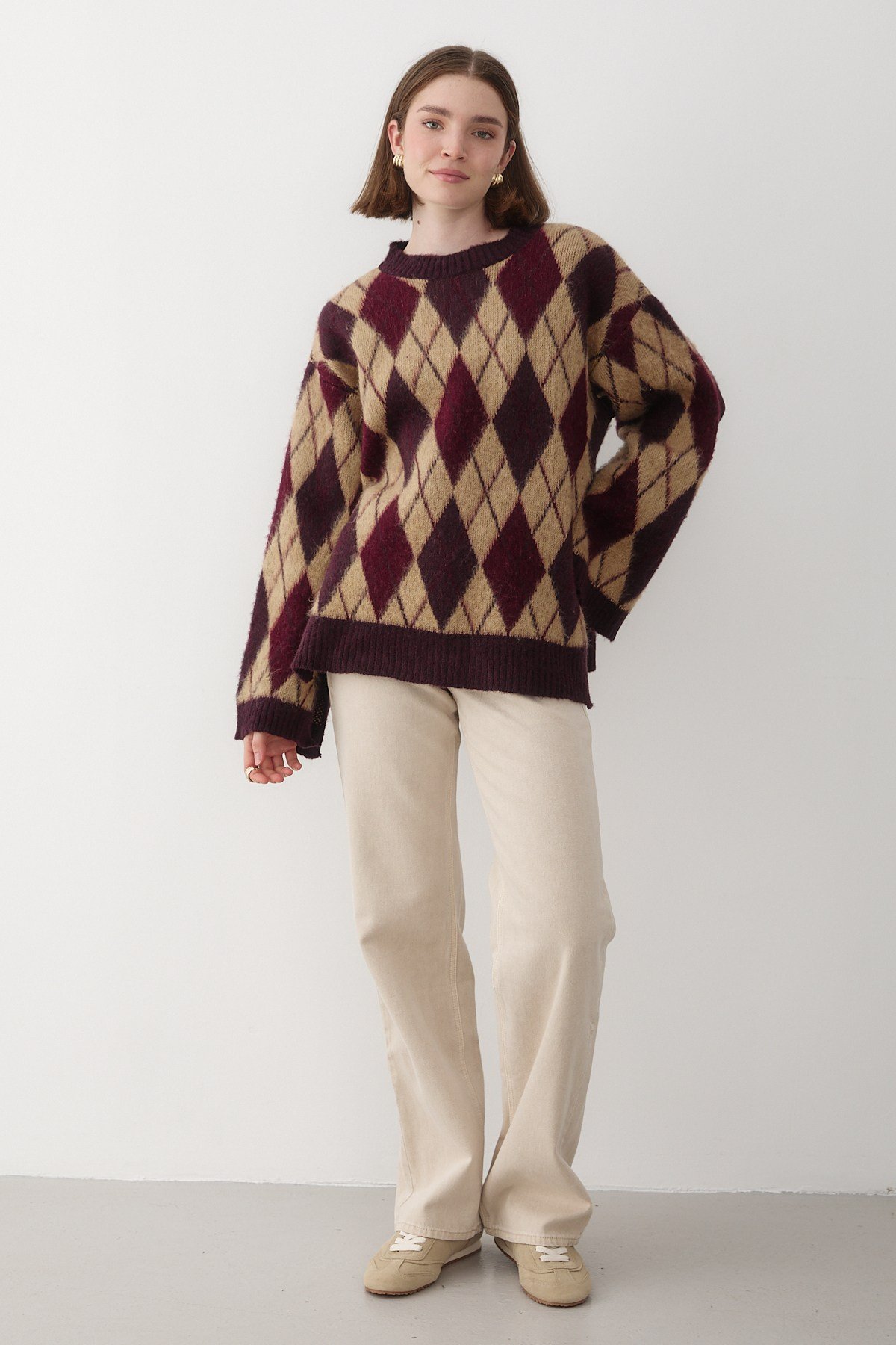 Kadın Mürdüm Oversize Argyle Desenli Triko Kazak