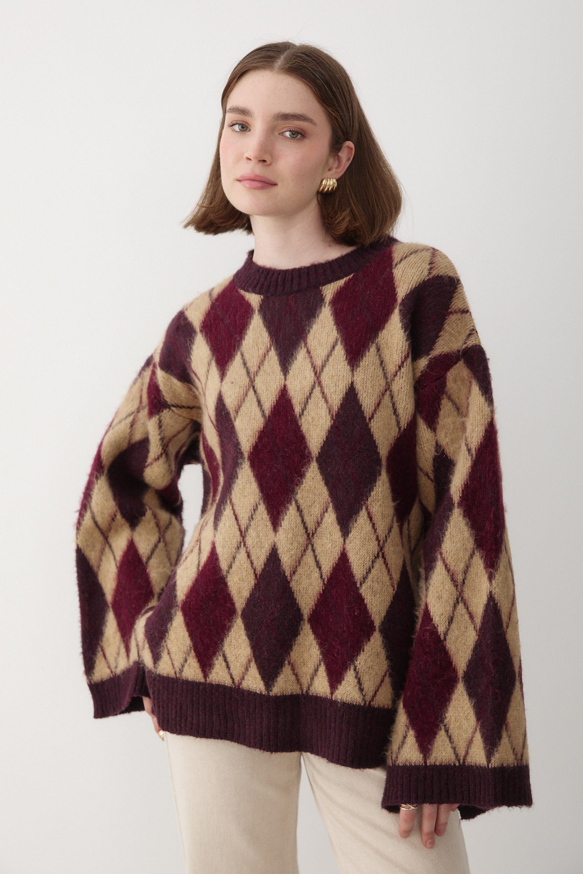 Kadın Mürdüm Oversize Argyle Desenli Triko Kazak