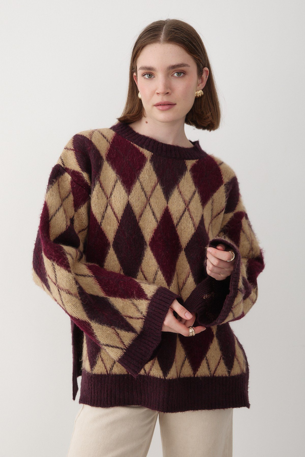 Kadın Mürdüm Oversize Argyle Desenli Triko Kazak