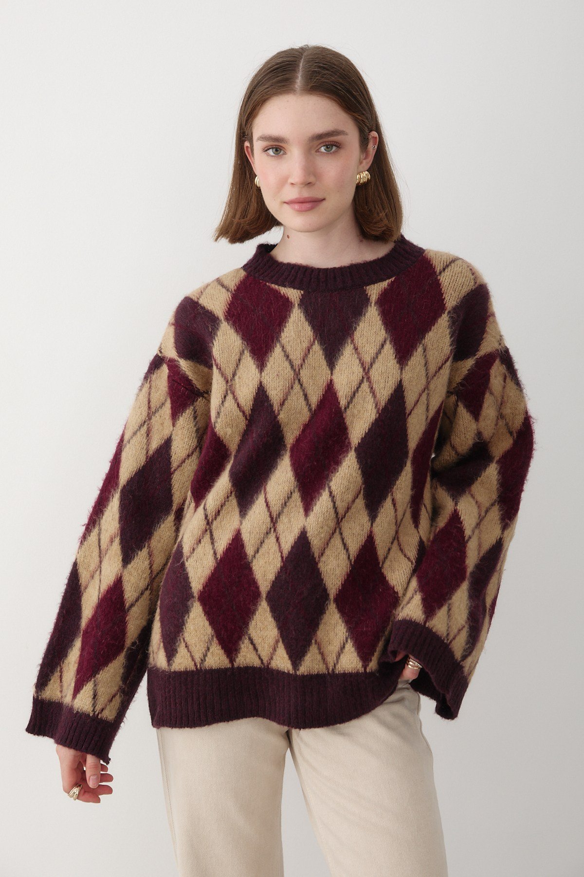 Kadın Mürdüm Oversize Argyle Desenli Triko Kazak