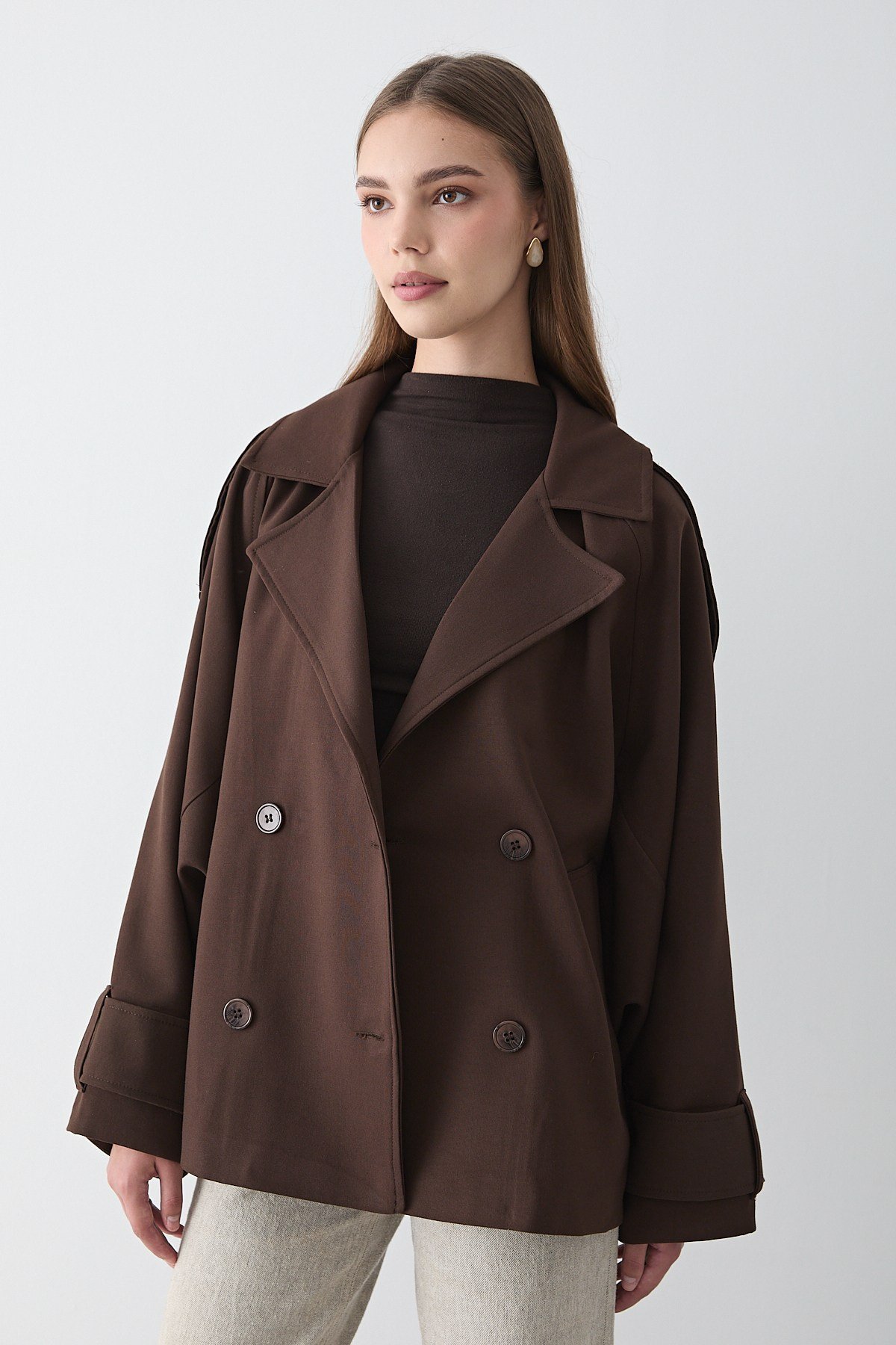 Kadın Oversize Kruvaze Yaka Cepli Kısa Trençkot