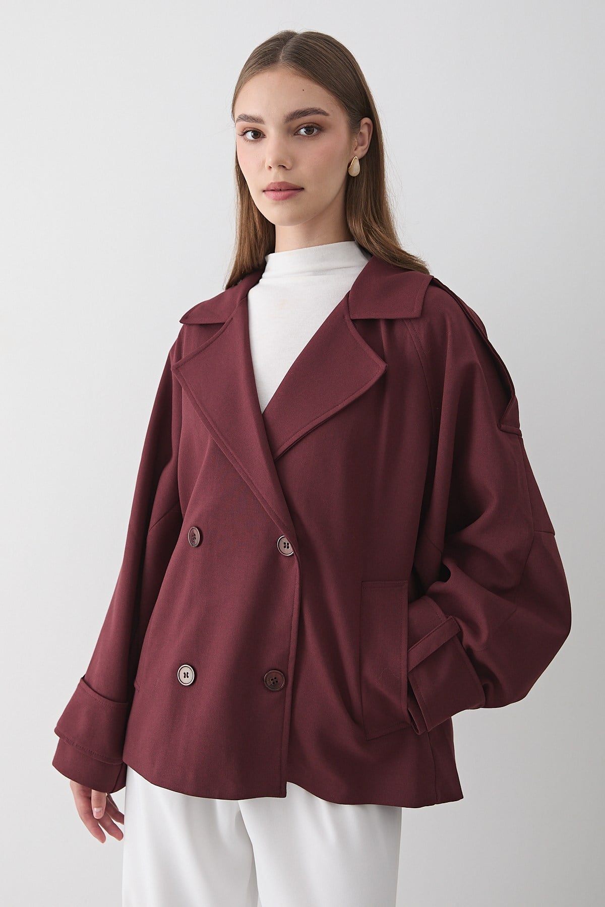 Kadın Oversize Kruvaze Yaka Kısa Trençkot