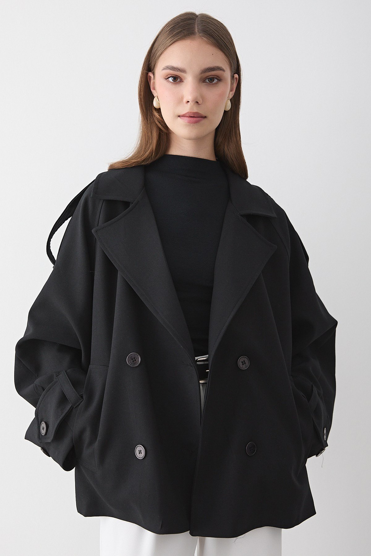 Kadın Oversize Kruvaze Yaka Kısa Trençkot