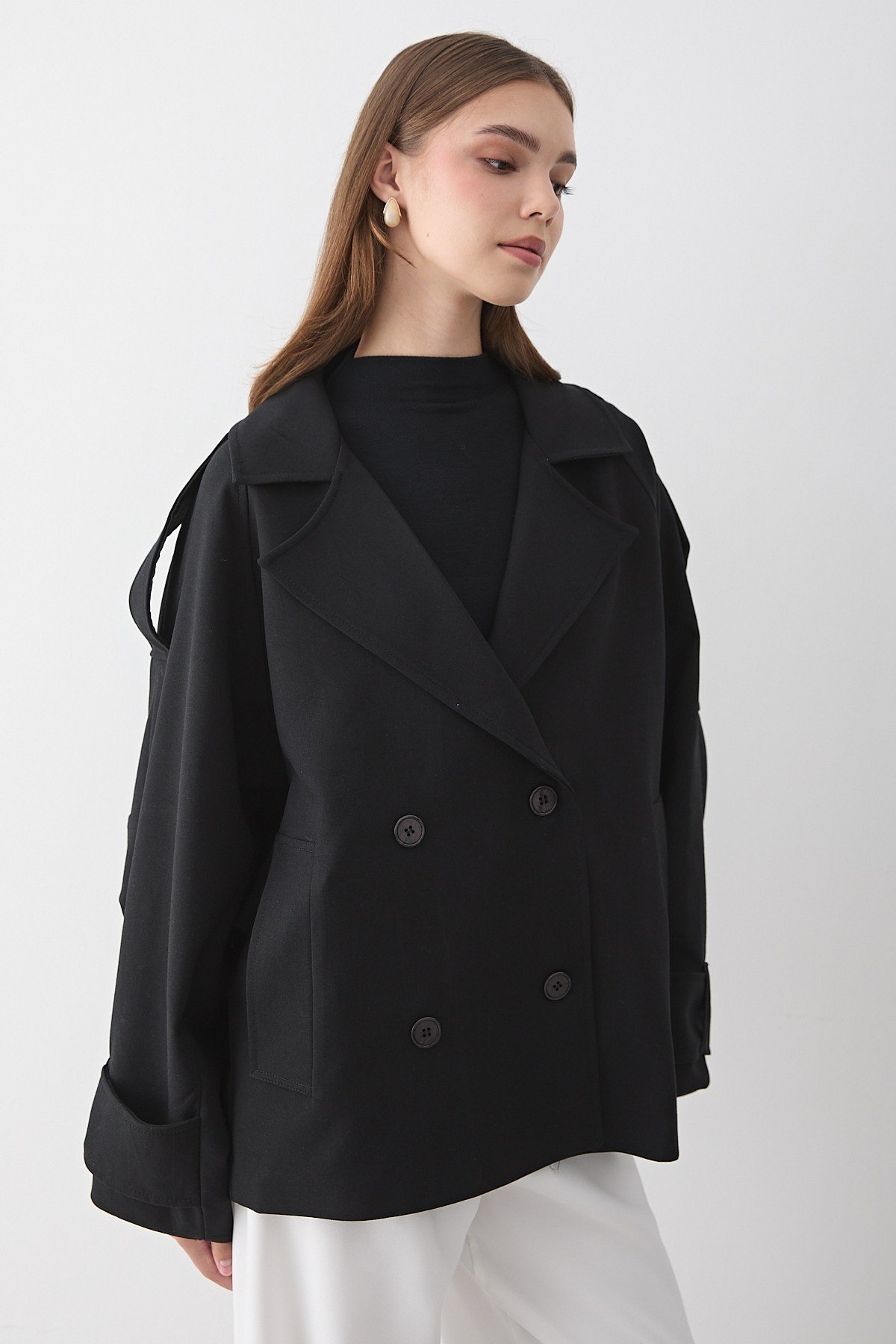 Kadın Oversize Kruvaze Yaka Kısa Trençkot