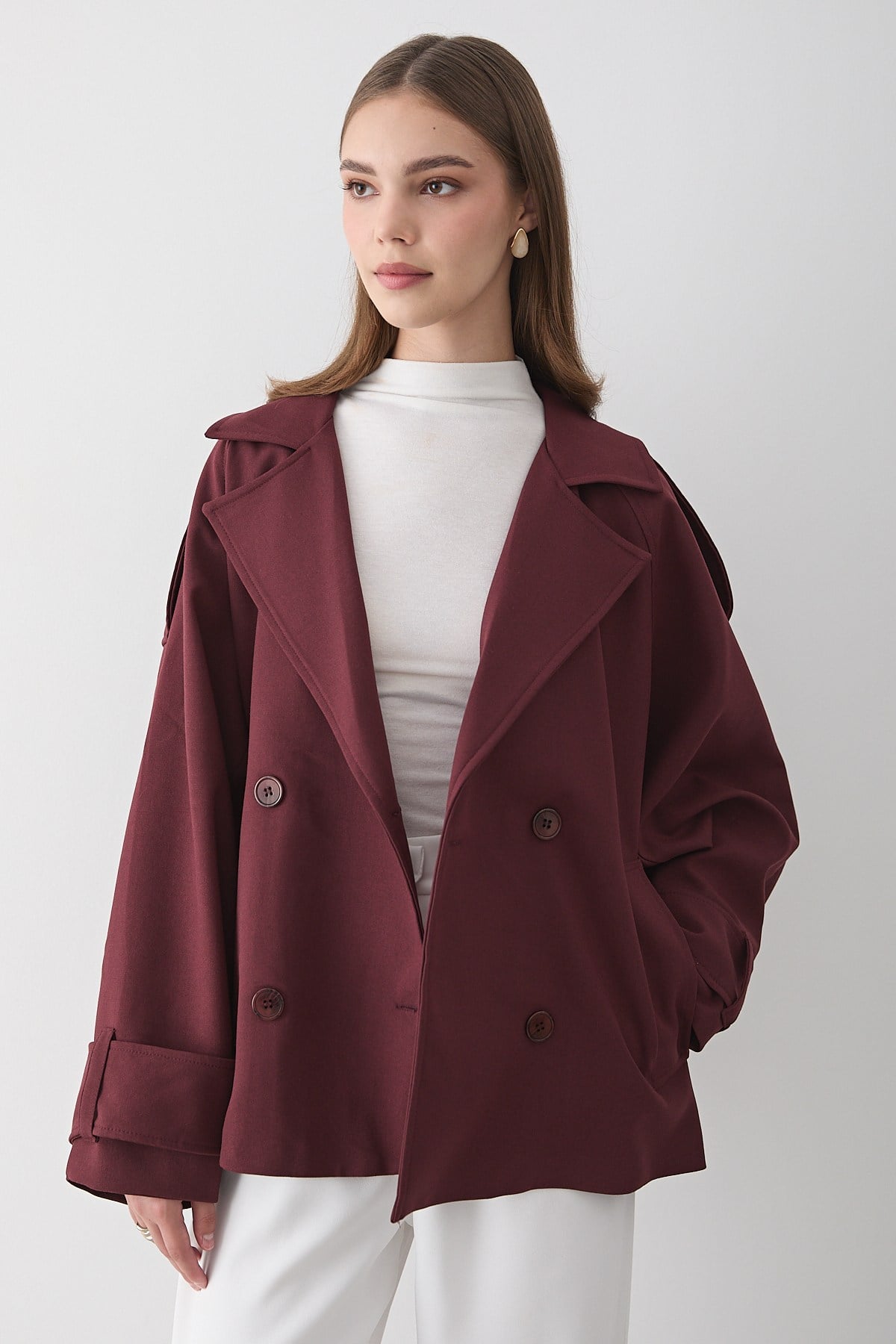 Kadın Oversize Kruvaze Yaka Kısa Trençkot
