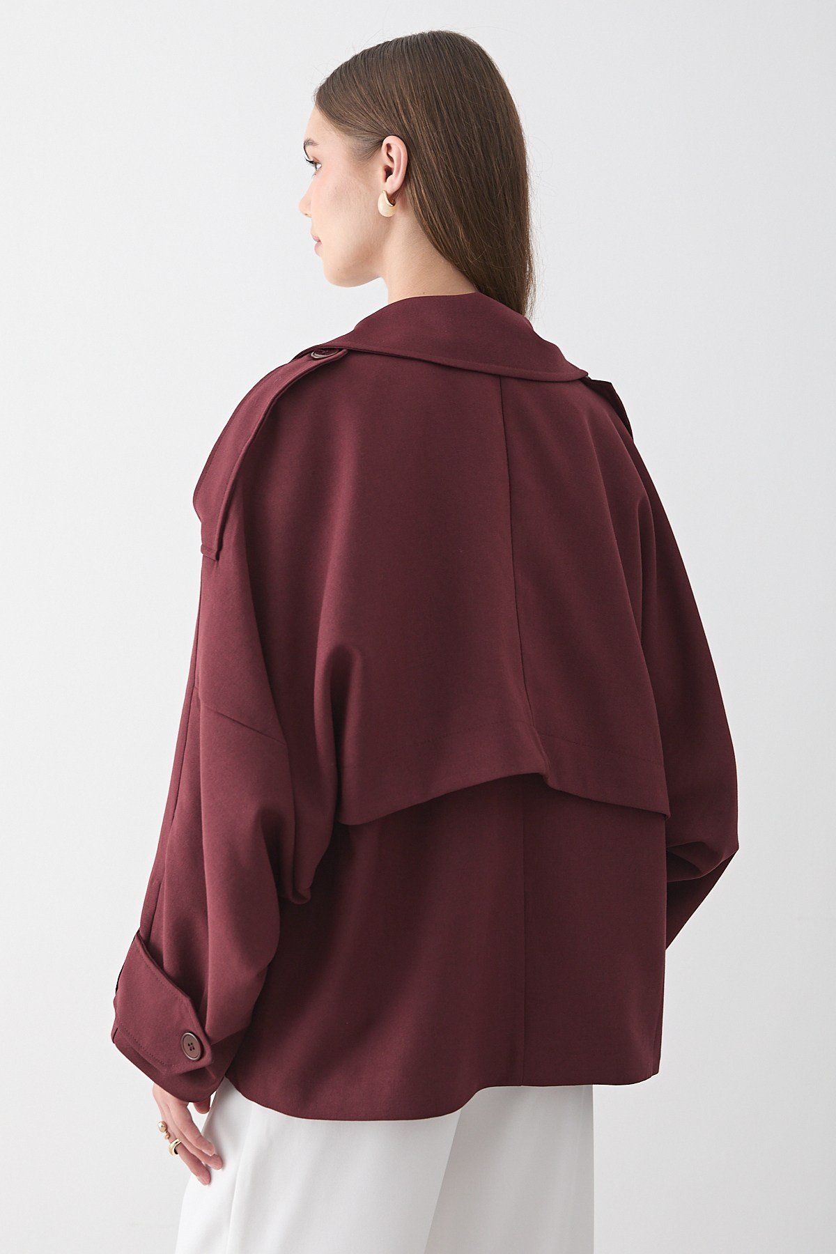 Kadın Oversize Kruvaze Yaka Kısa Trençkot