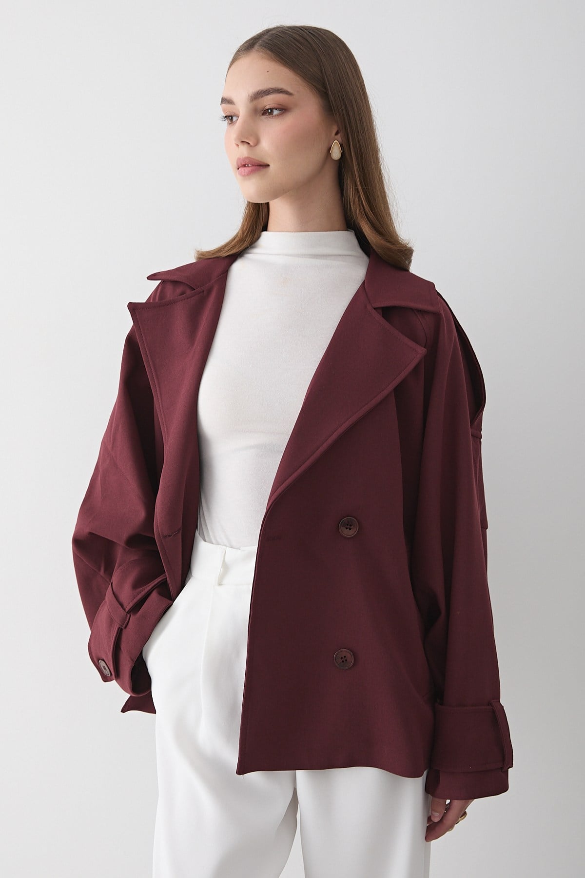 Kadın Oversize Kruvaze Yaka Kısa Trençkot