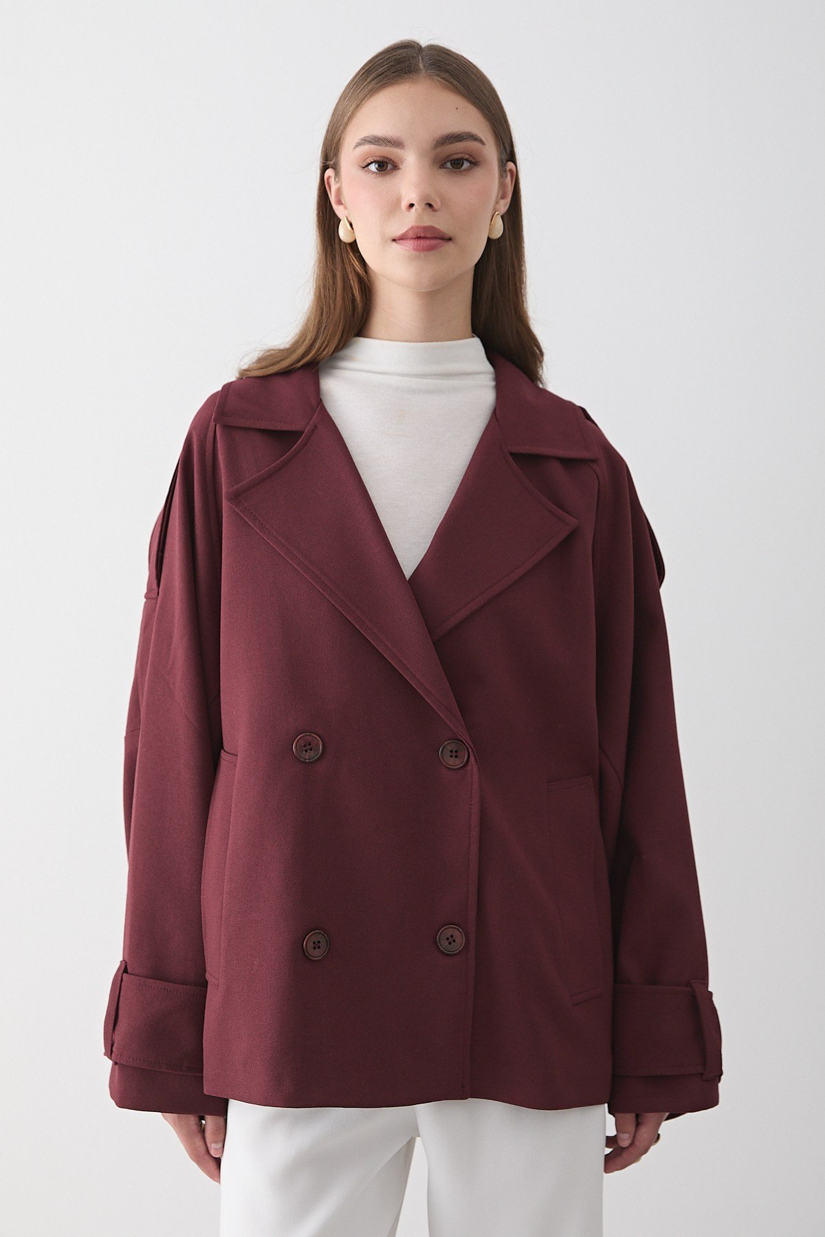 Kadın Oversize Kruvaze Yaka Kısa Trençkot
