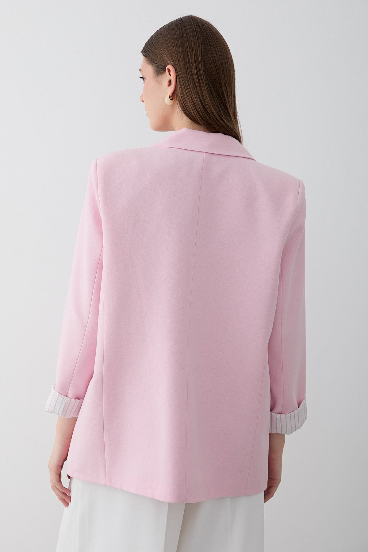 Kadın Pembe Çizgili İçi Astarlı Kol Detaylı Blazer Ceket