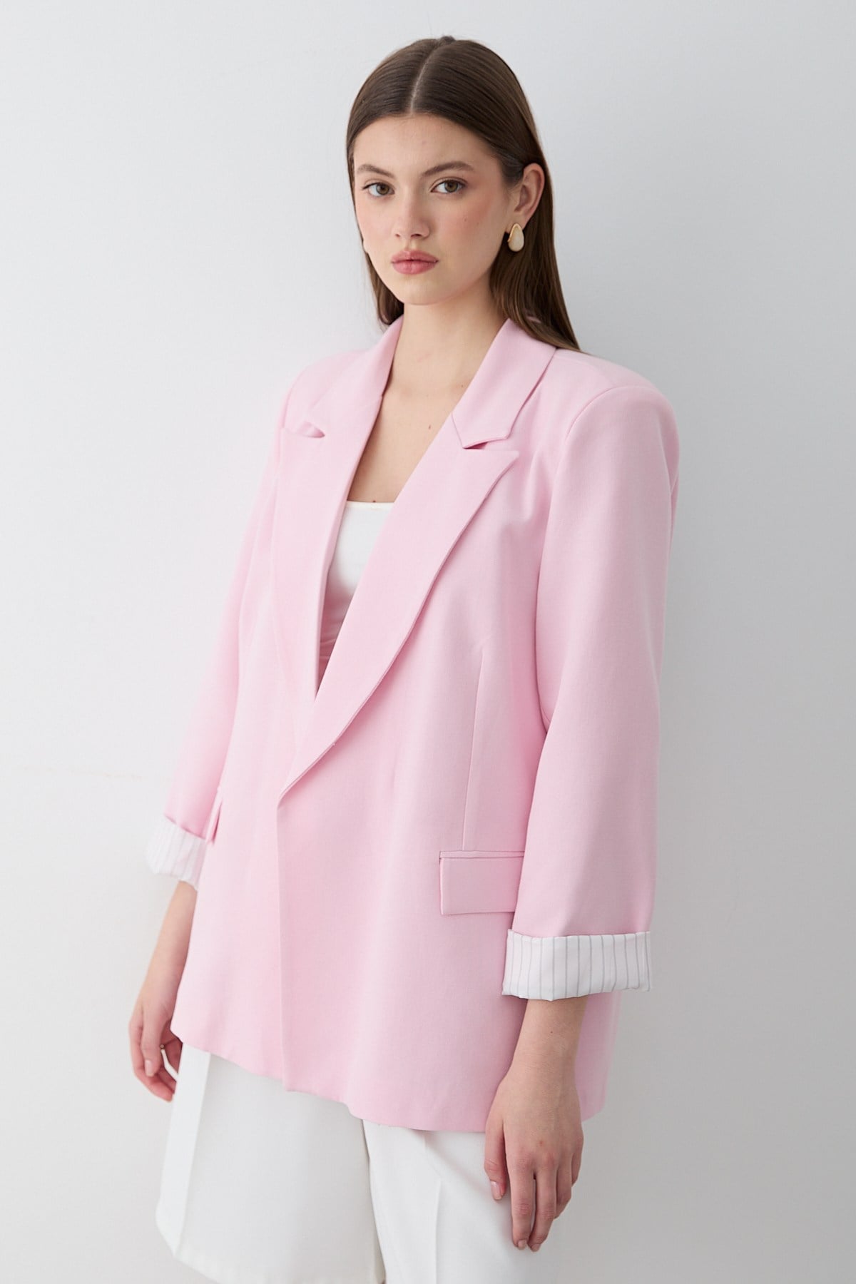 Kadın Pembe Çizgili İçi Astarlı Kol Detaylı Blazer Ceket