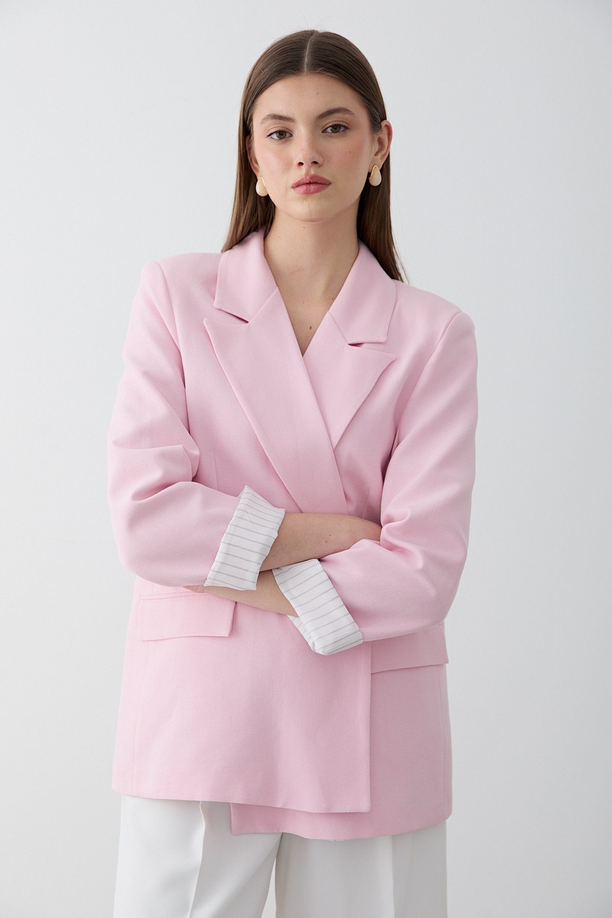 Kadın Pembe Çizgili İçi Astarlı Kol Detaylı Blazer Ceket