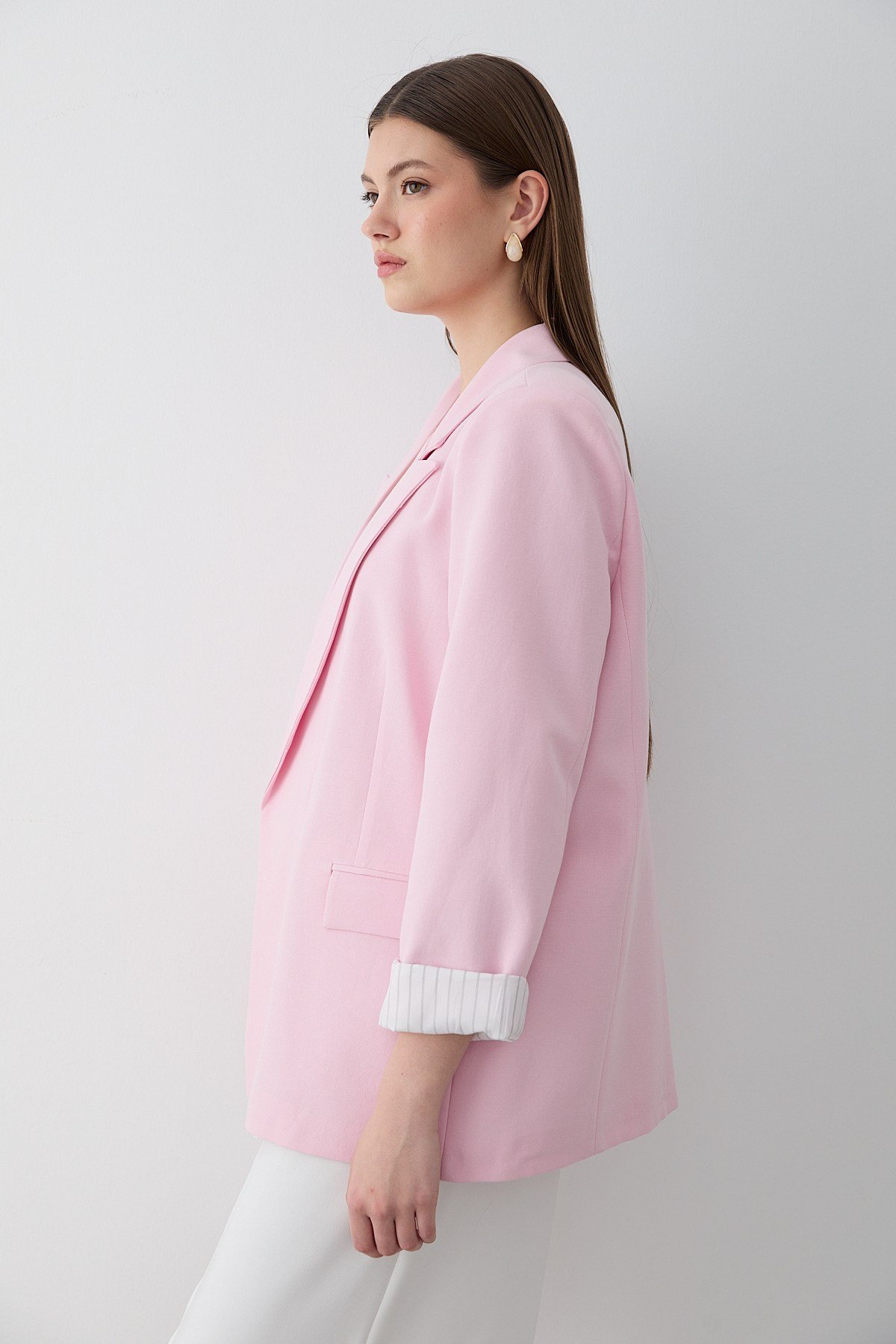 Kadın Pembe Çizgili İçi Astarlı Kol Detaylı Blazer Ceket