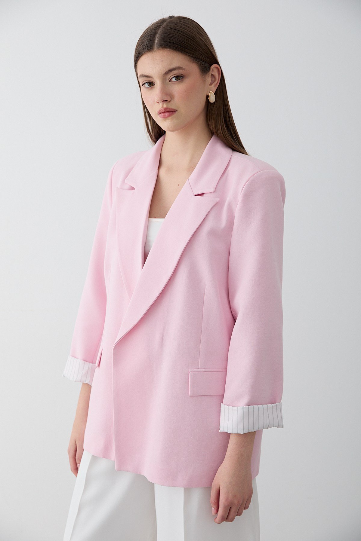 Kadın Pembe Çizgili İçi Astarlı Kol Detaylı Blazer Ceket