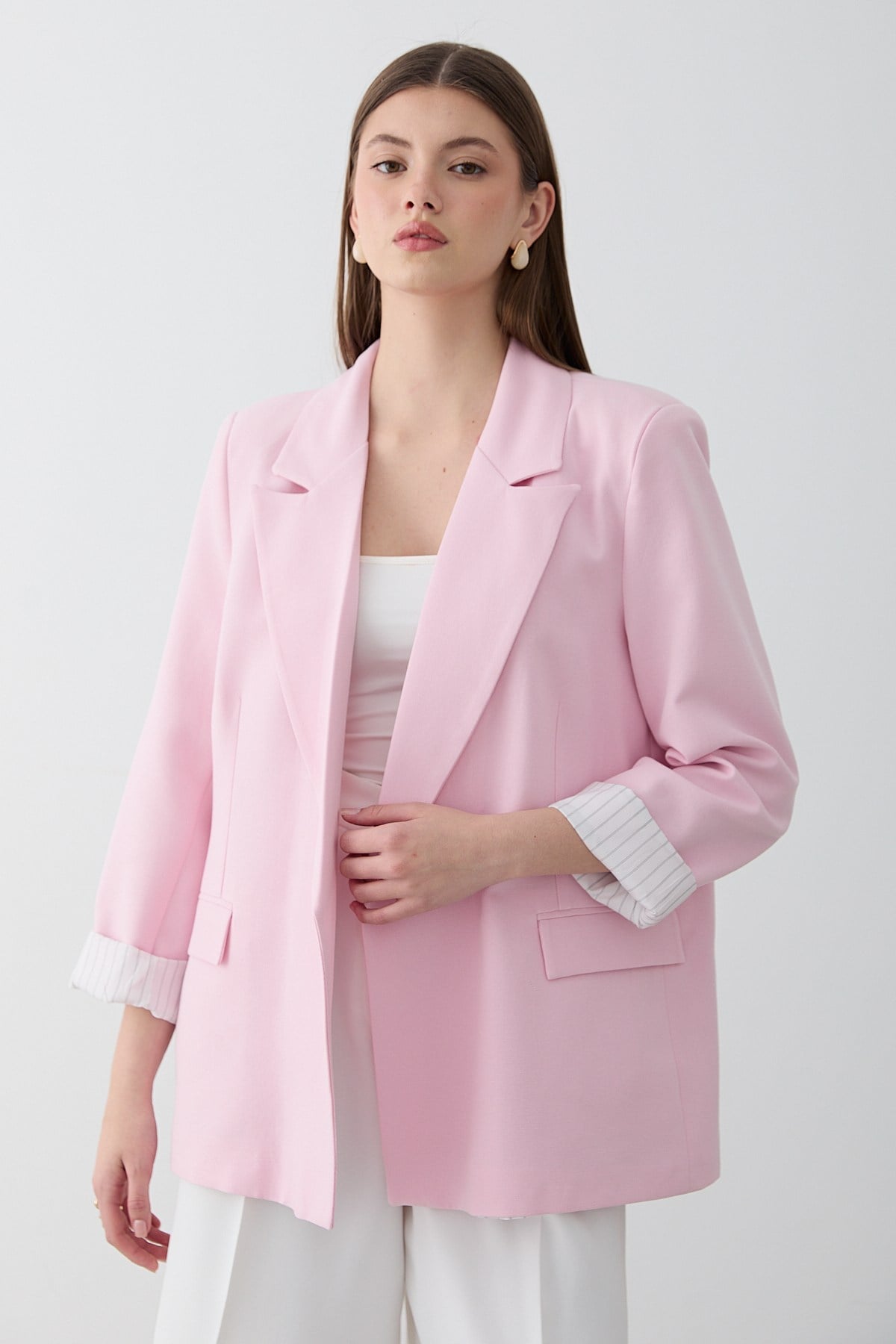Kadın Pembe Çizgili İçi Astarlı Kol Detaylı Blazer Ceket