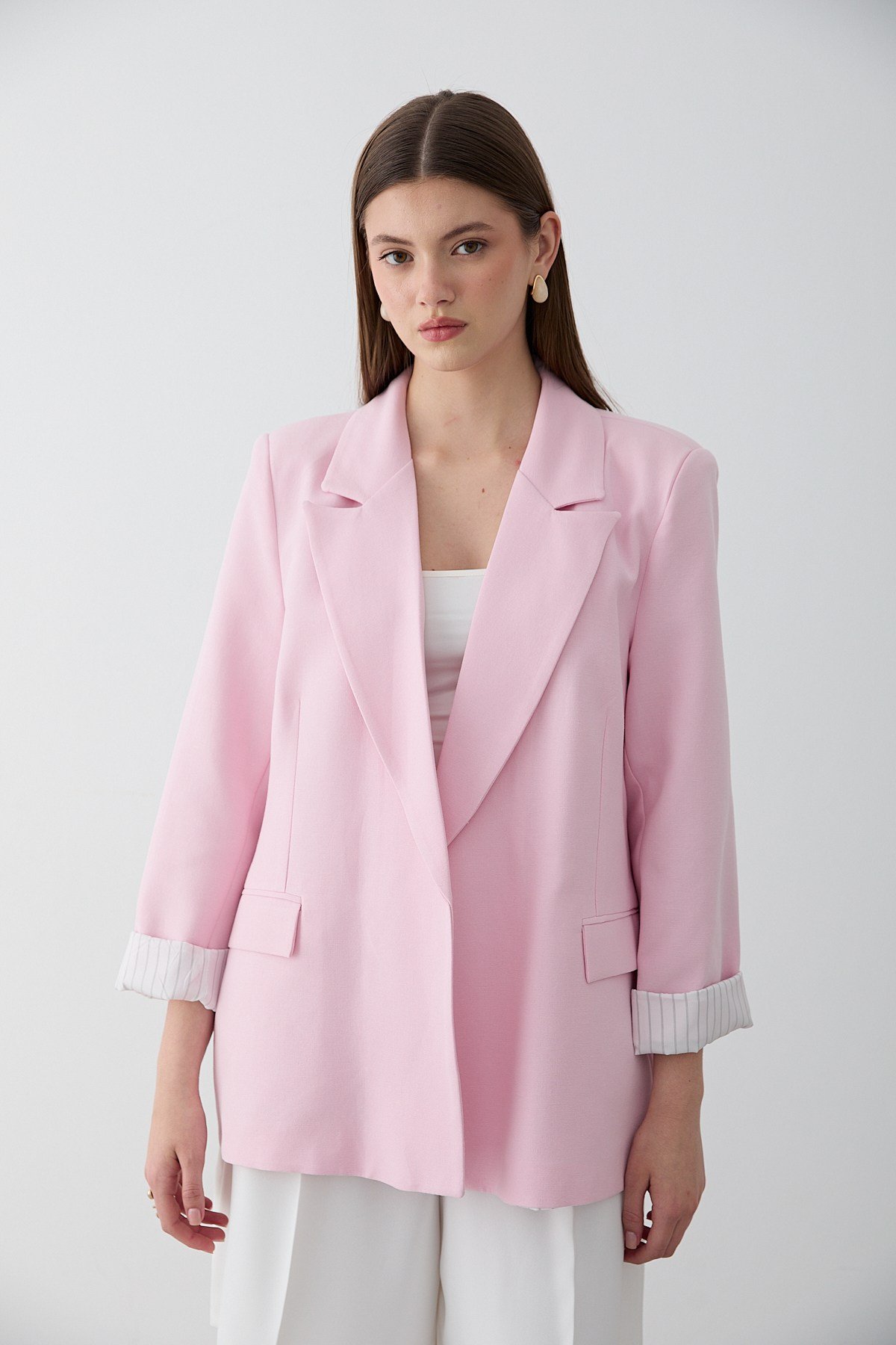 Kadın Pembe Çizgili İçi Astarlı Kol Detaylı Blazer Ceket