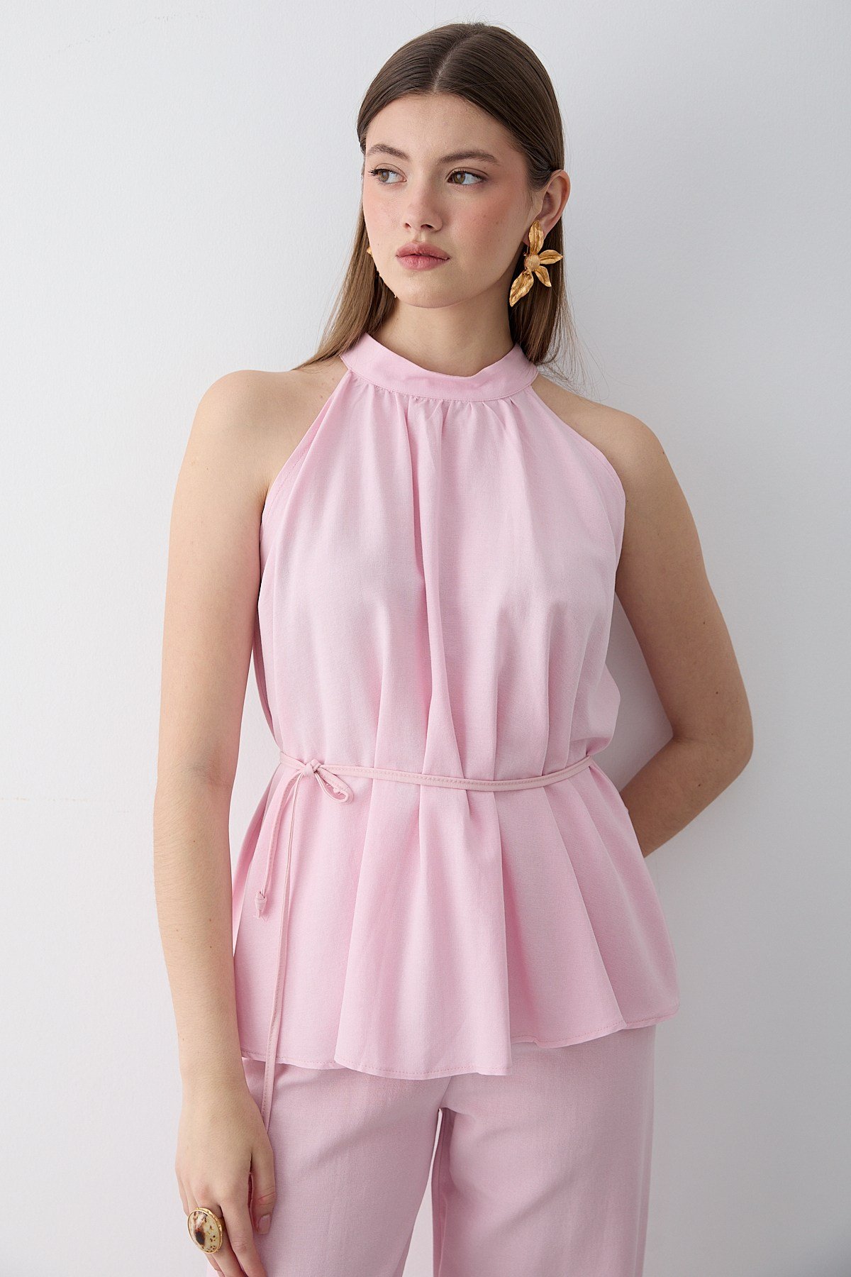 Kadın Pembe Halter Yaka Kuşak Detaylı Bluz Pantolon Takım