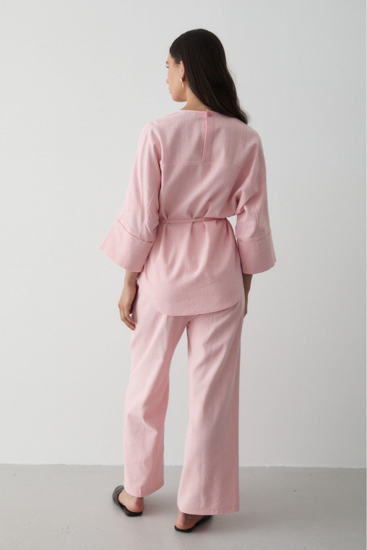 Kadın Pembe Keten Oversize Üst Bluz & Lastikli Bol Paça Pantolon Alt & Üst Takım