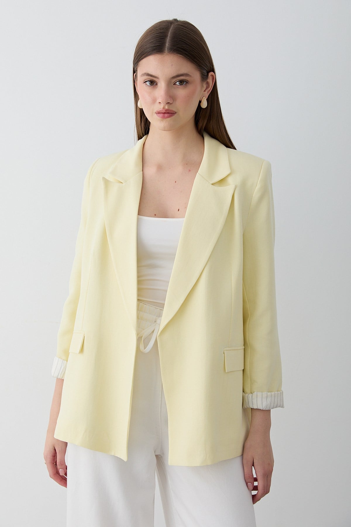 Kadın Sarı Çizgili İçi Astarlı Kol Detaylı Blazer Ceket
