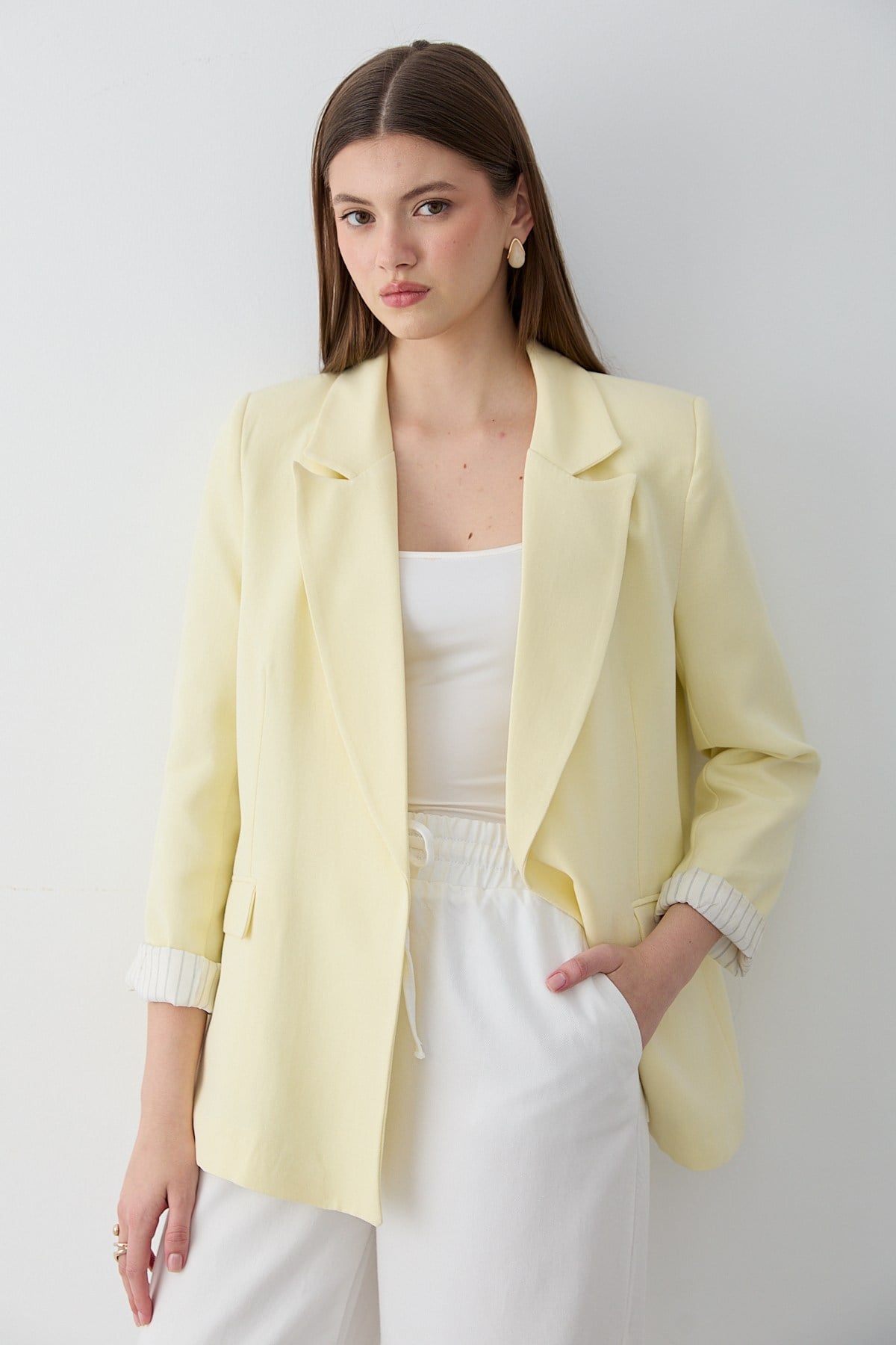 Kadın Sarı Çizgili İçi Astarlı Kol Detaylı Blazer Ceket