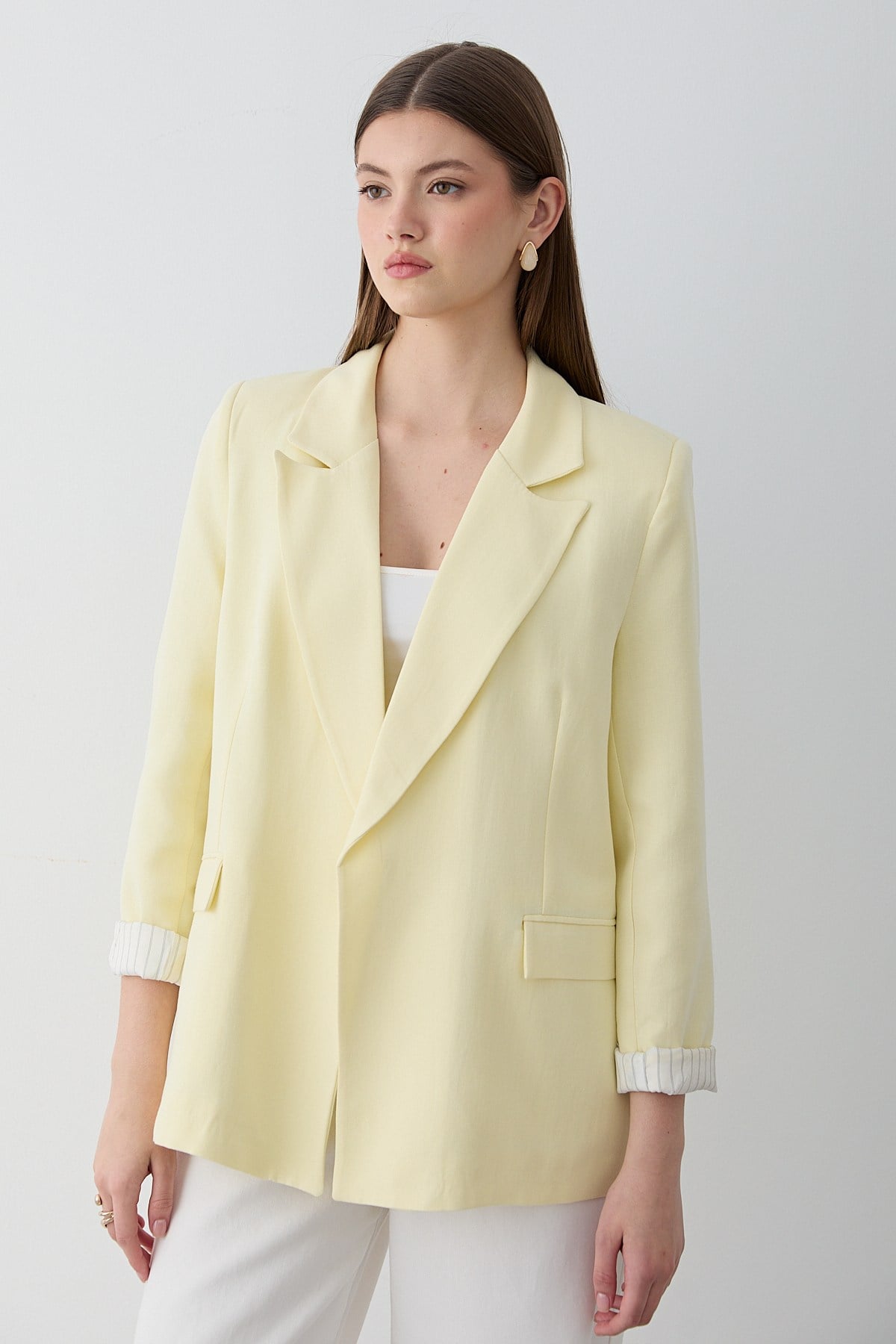 Kadın Sarı Çizgili İçi Astarlı Kol Detaylı Blazer Ceket