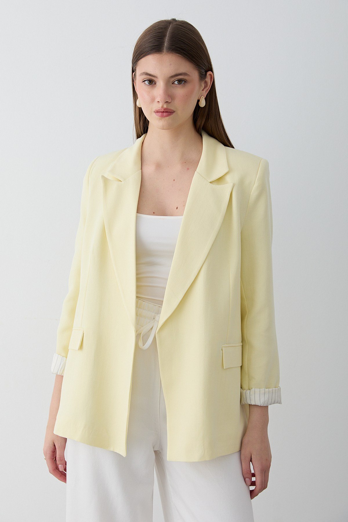 Kadın Sarı Çizgili İçi Astarlı Kol Detaylı Blazer Ceket