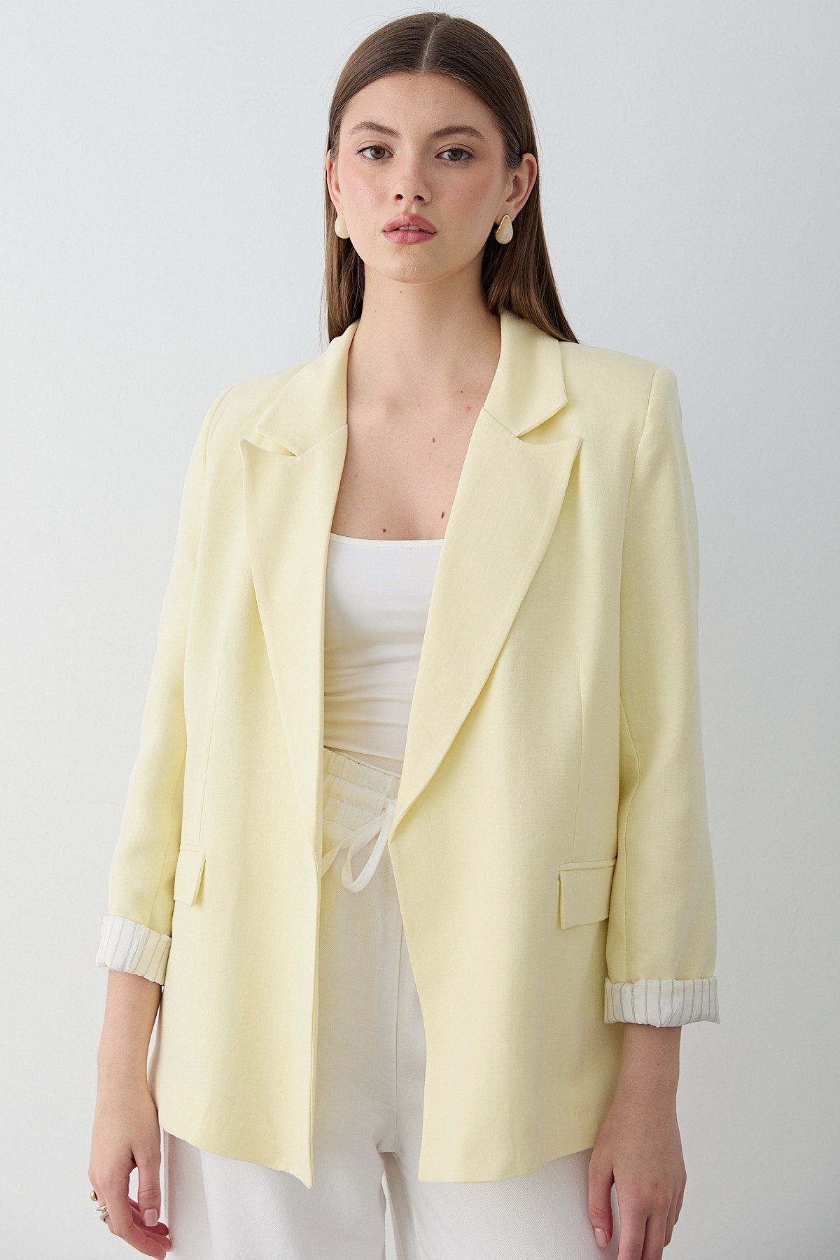 Kadın Sarı Çizgili İçi Astarlı Kol Detaylı Blazer Ceket