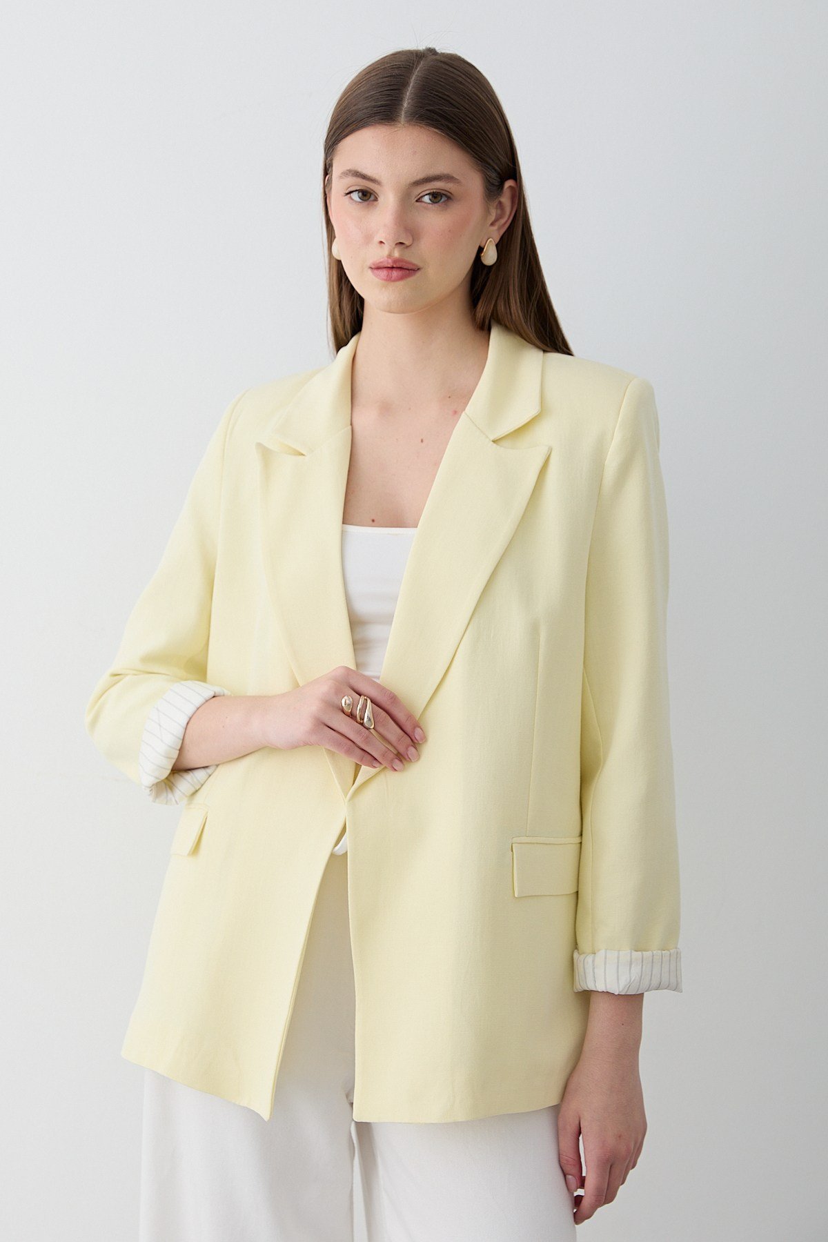 Kadın Sarı Çizgili İçi Astarlı Kol Detaylı Blazer Ceket