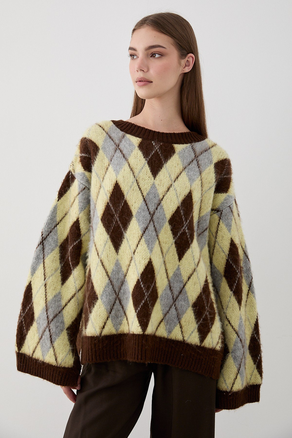 Kadın Sarı Oversize Argyle Desenli Triko Kazak