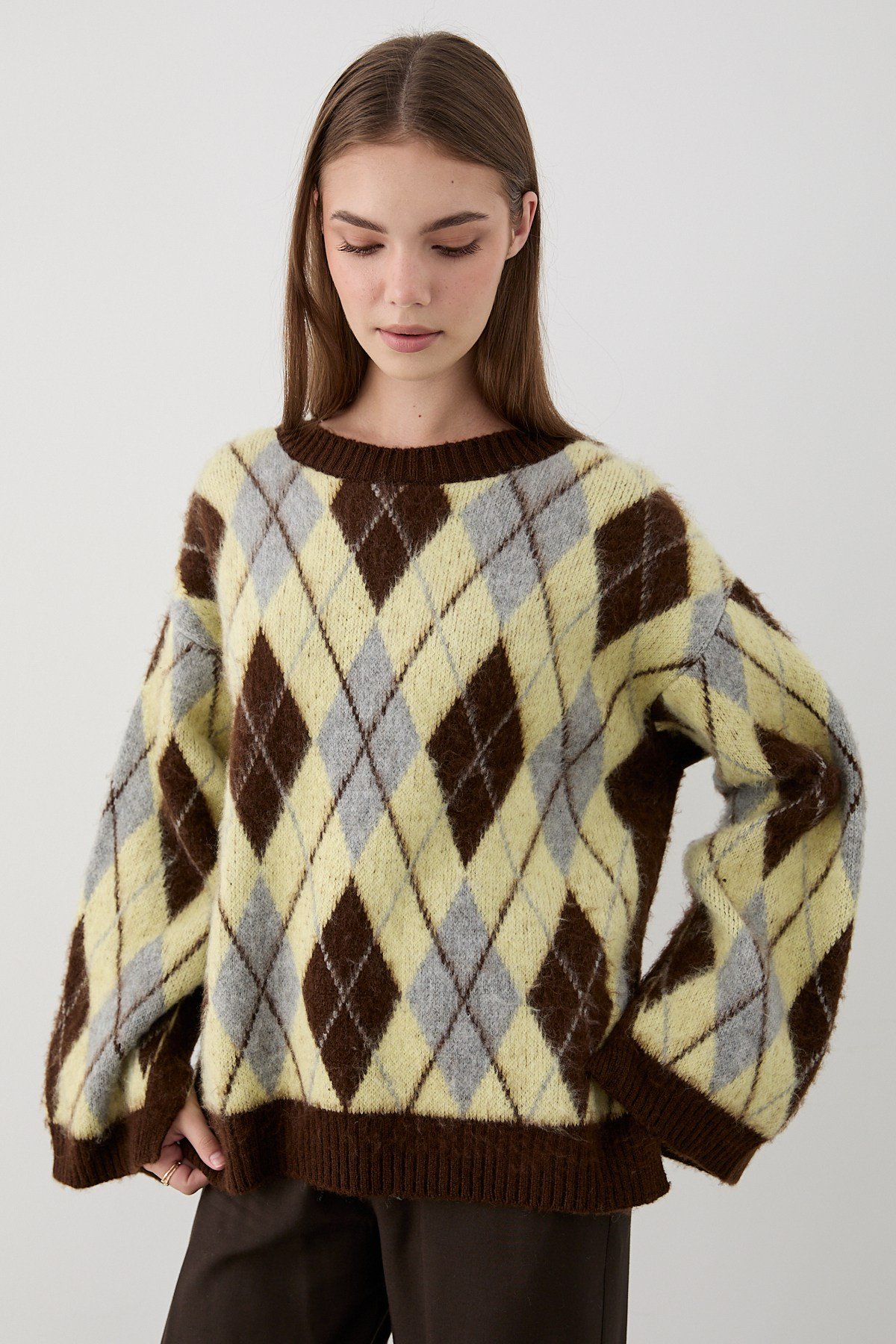 Kadın Sarı Oversize Argyle Desenli Triko Kazak