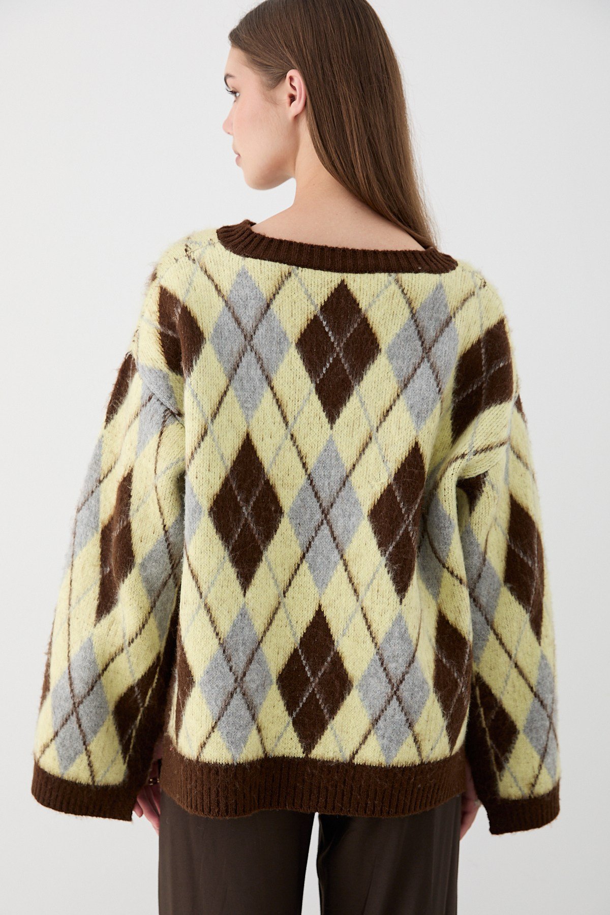 Kadın Sarı Oversize Argyle Desenli Triko Kazak