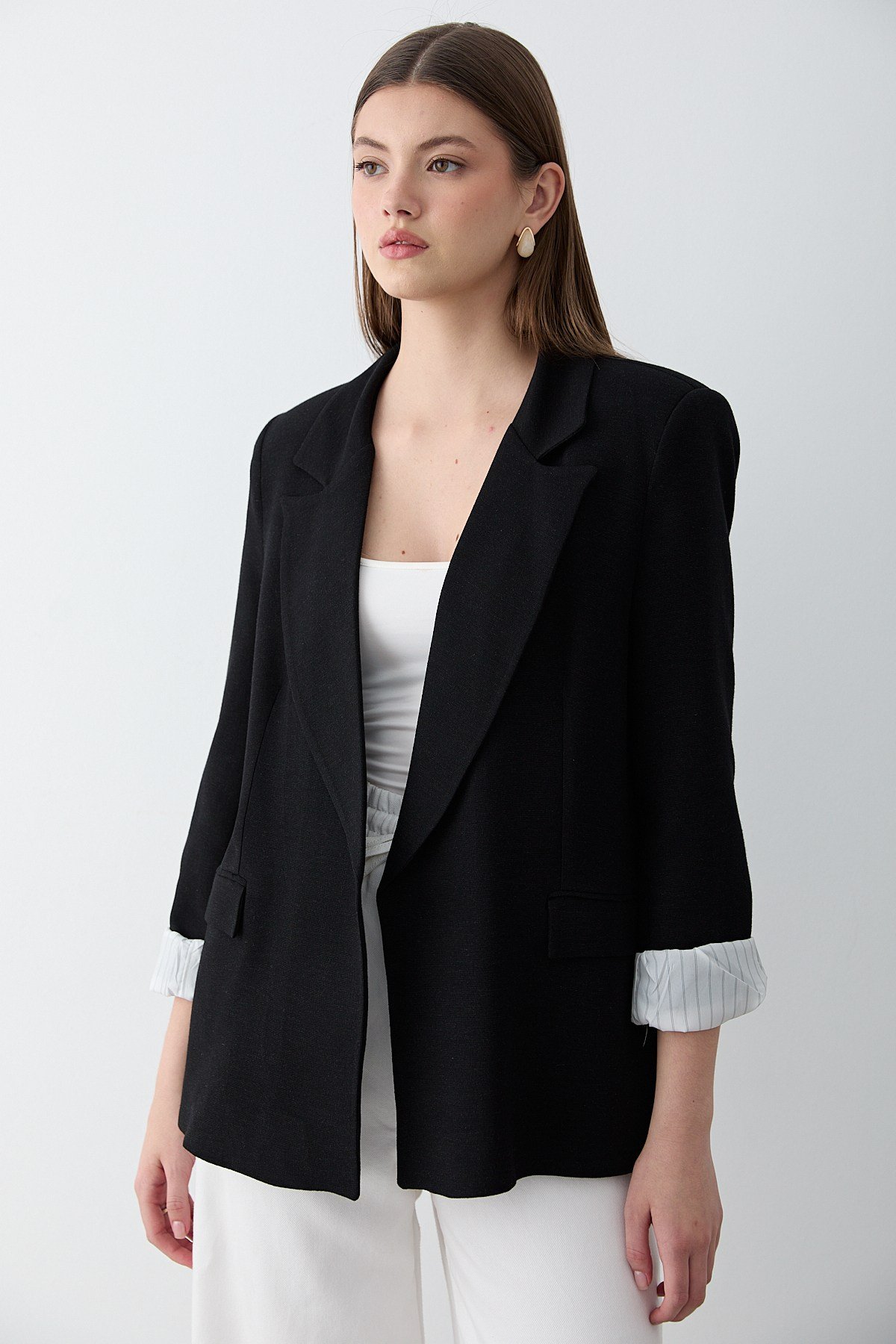 Kadın Siyah Çizgili İçi Astarlı Kol Detaylı Blazer Ceket