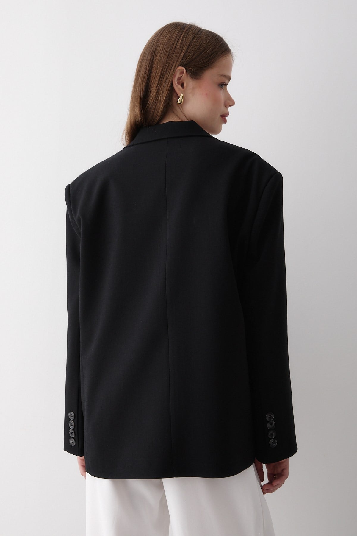 Kadın Siyah Düğme Detaylı Oversize Blazer Ceket