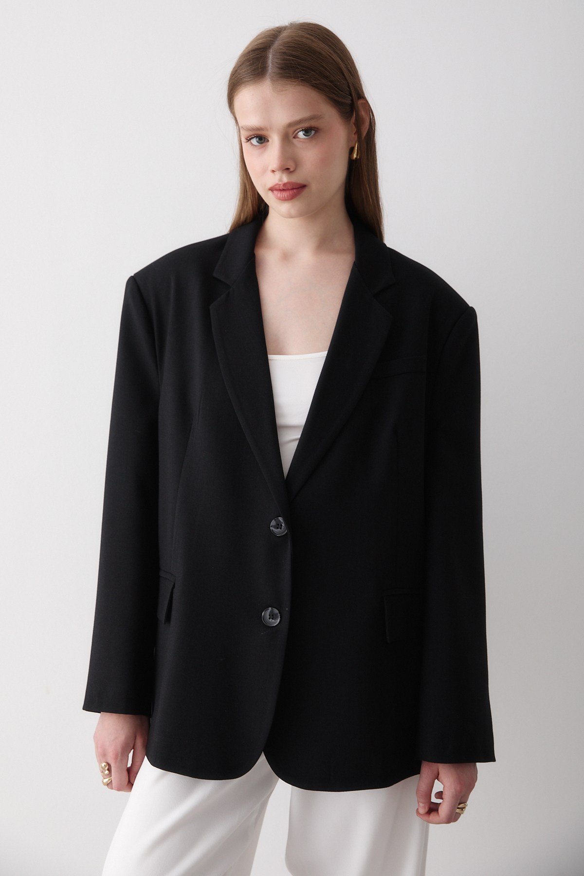 Kadın Siyah Düğme Detaylı Oversize Blazer Ceket