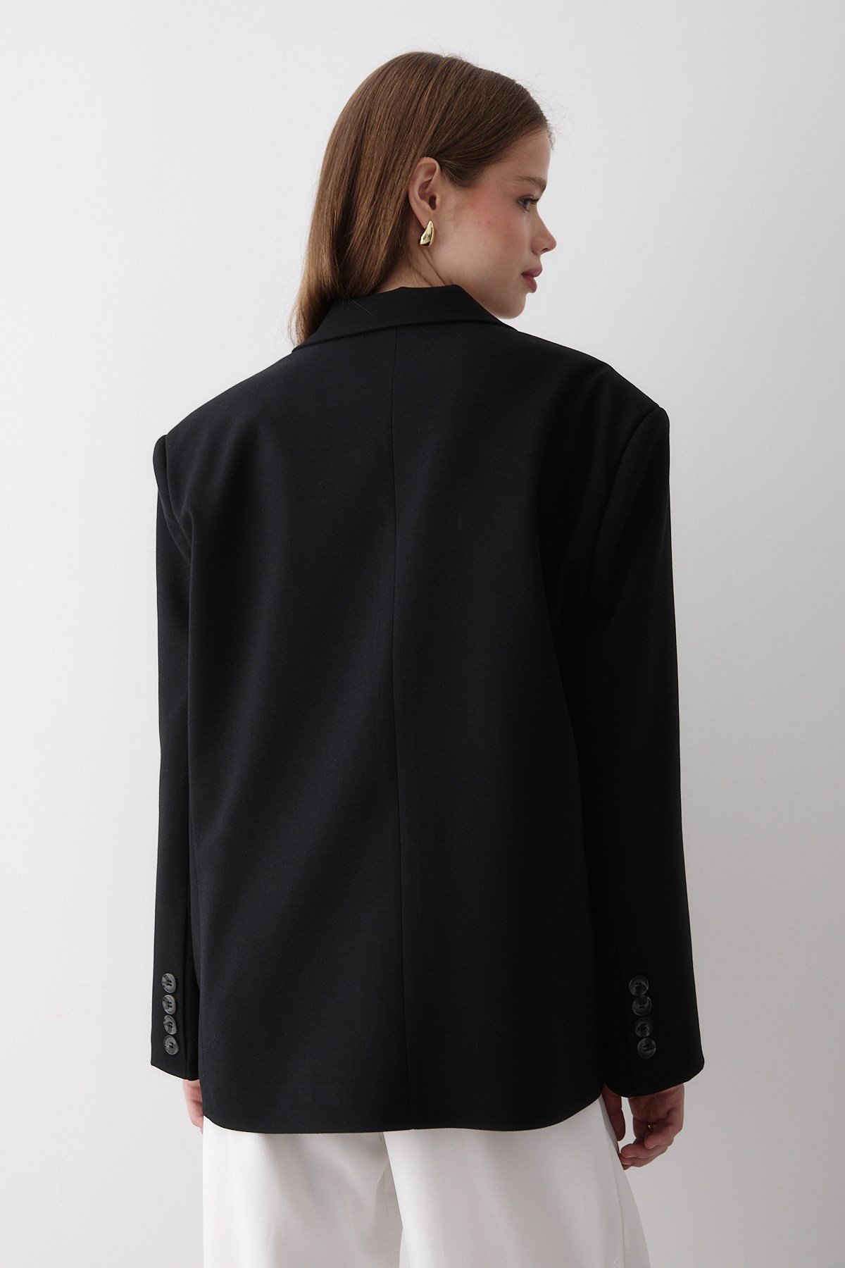 Kadın Siyah Düğme Detaylı Oversize Blazer Ceket