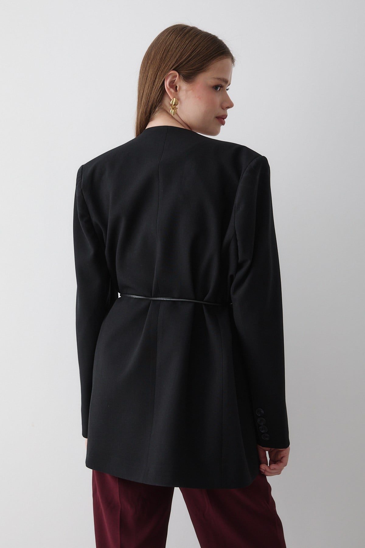 Kadın Siyah Kruvaze Kemer Detaylı Oversize Blazer Ceket