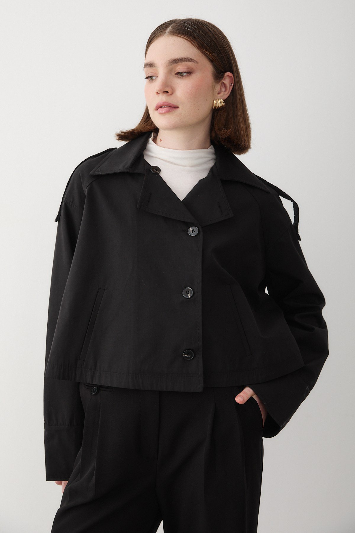 Kadın Siyah Kruvaze Yaka Trençkot