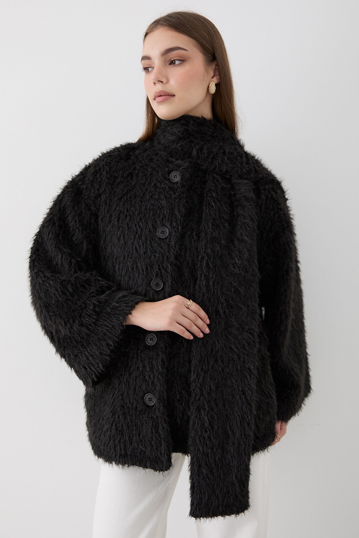 Kadın Siyah Peluş Şal Yaka Oversize Hırka