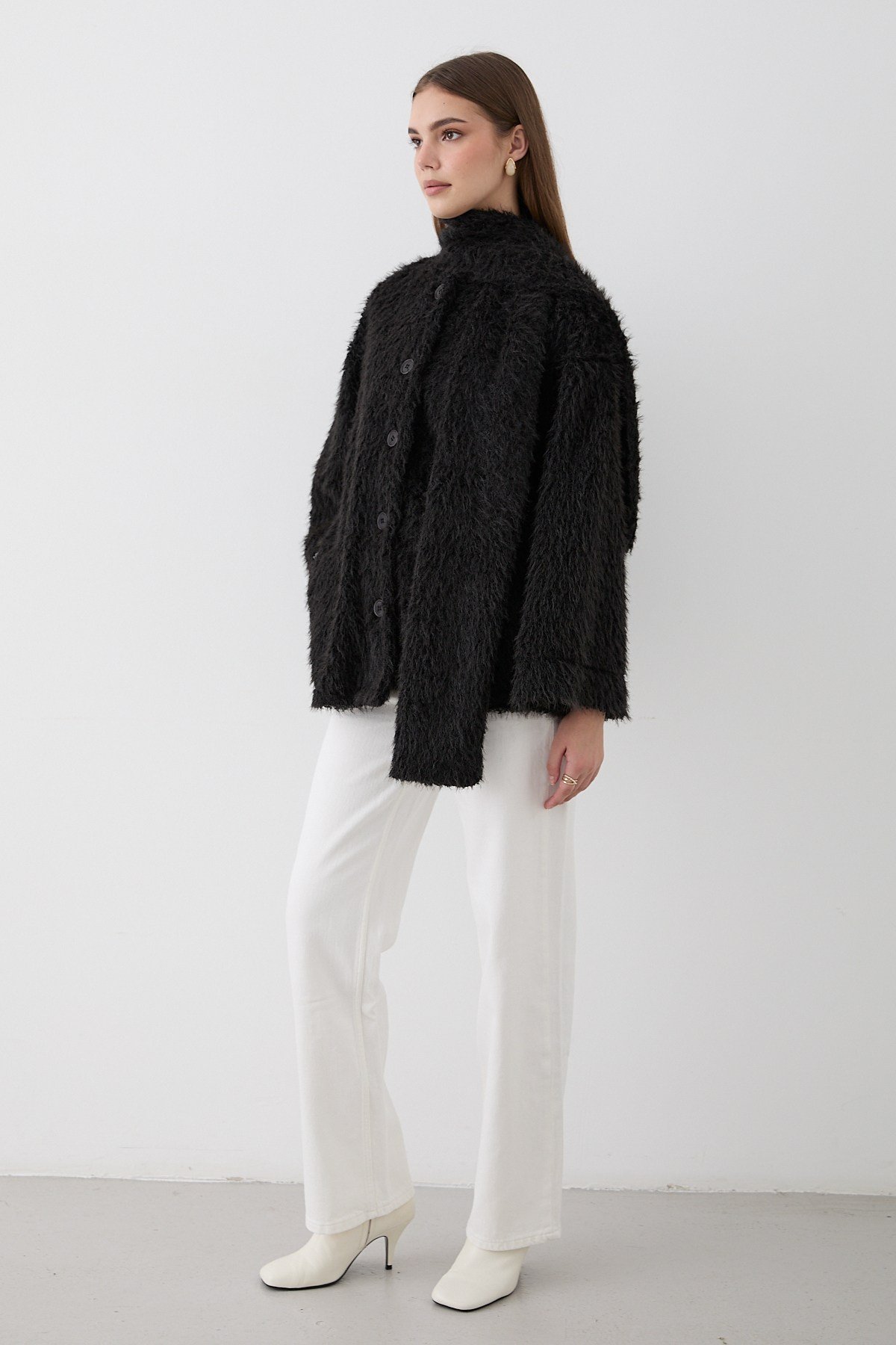 Kadın Siyah Peluş Şal Yaka Oversize Hırka