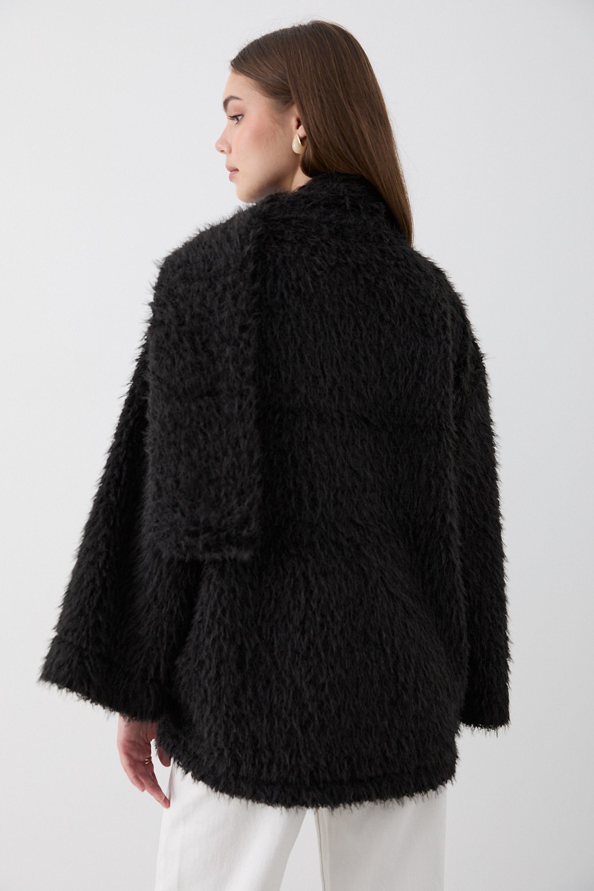Kadın Siyah Peluş Şal Yaka Oversize Hırka