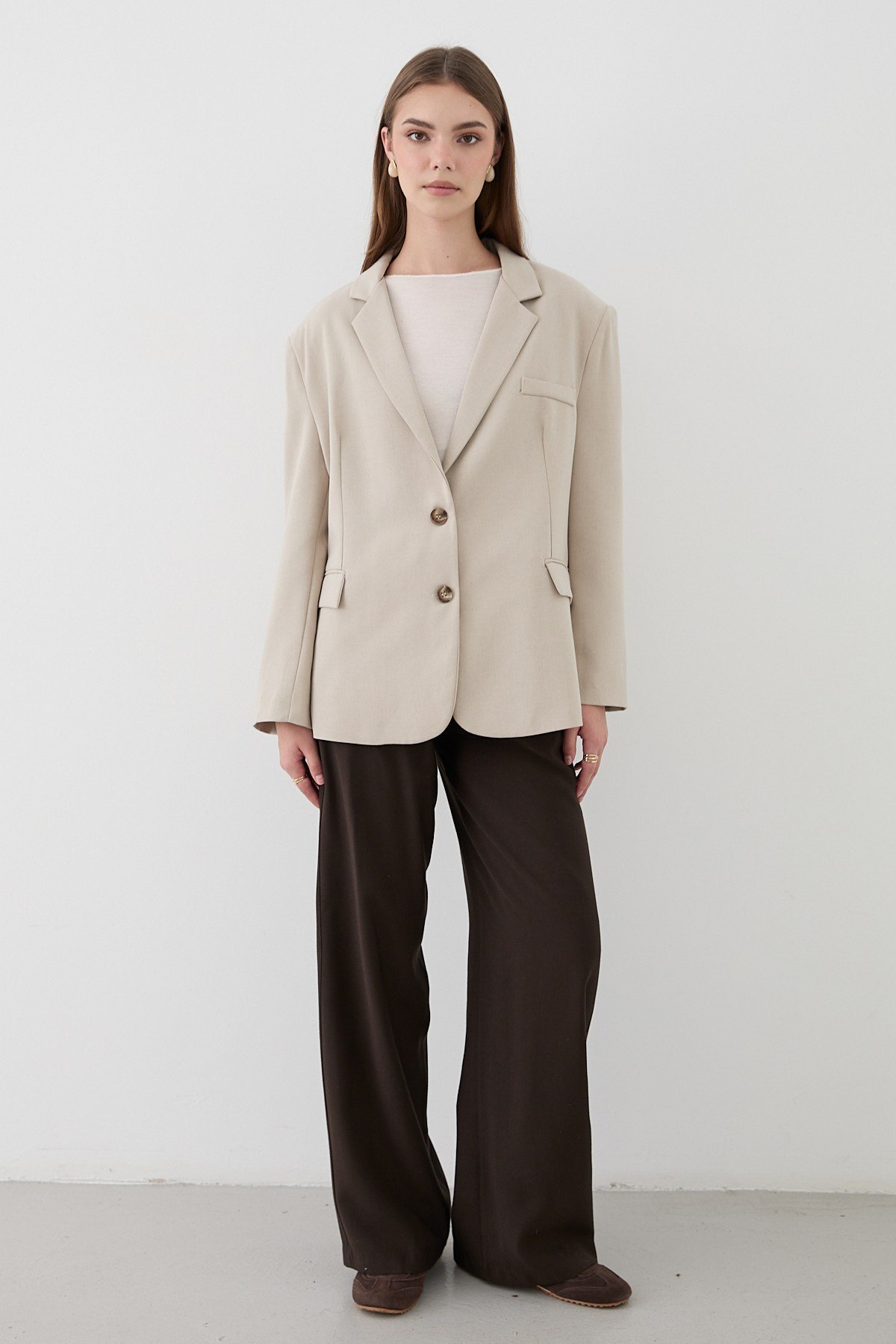 Kadın Taş Düğme Detaylı Oversize Blazer Ceket
