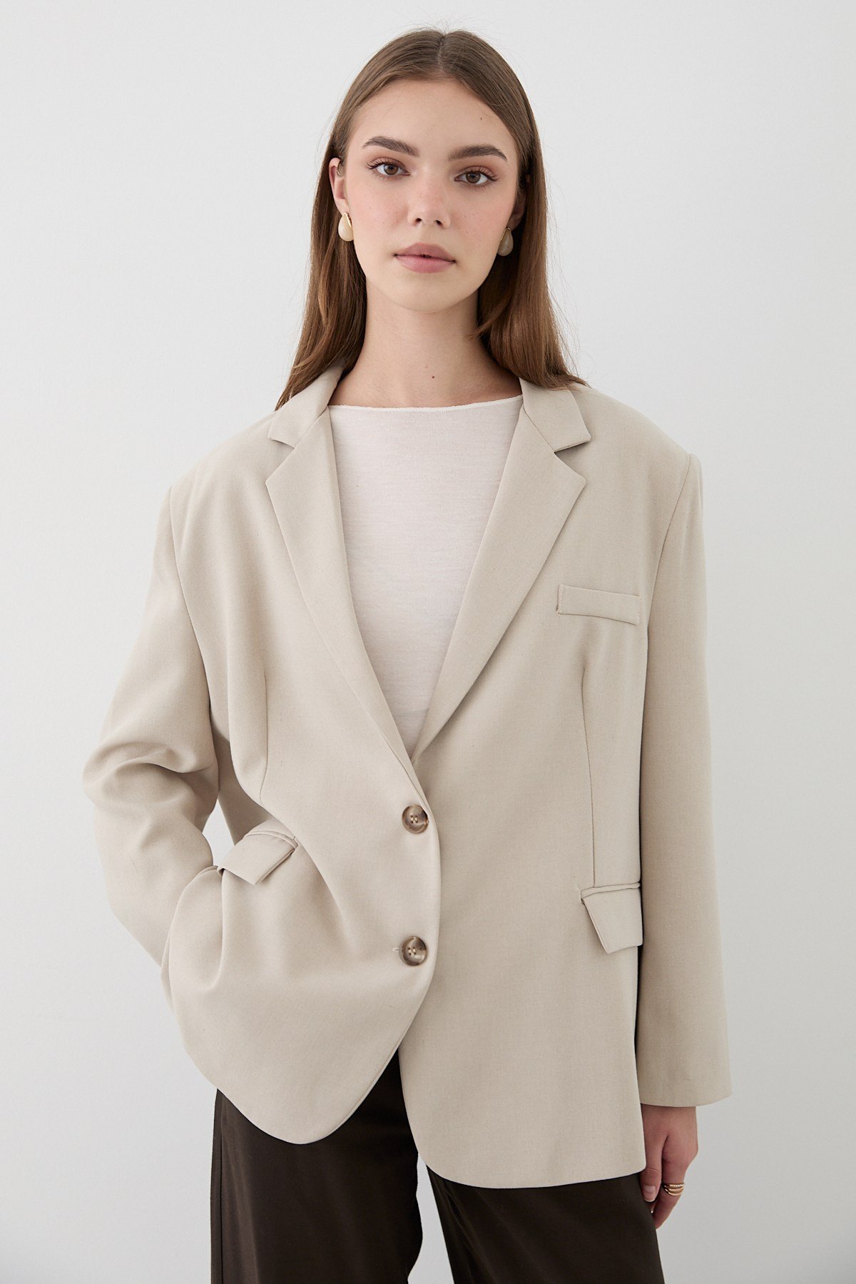 Kadın Taş Düğme Detaylı Oversize Blazer Ceket