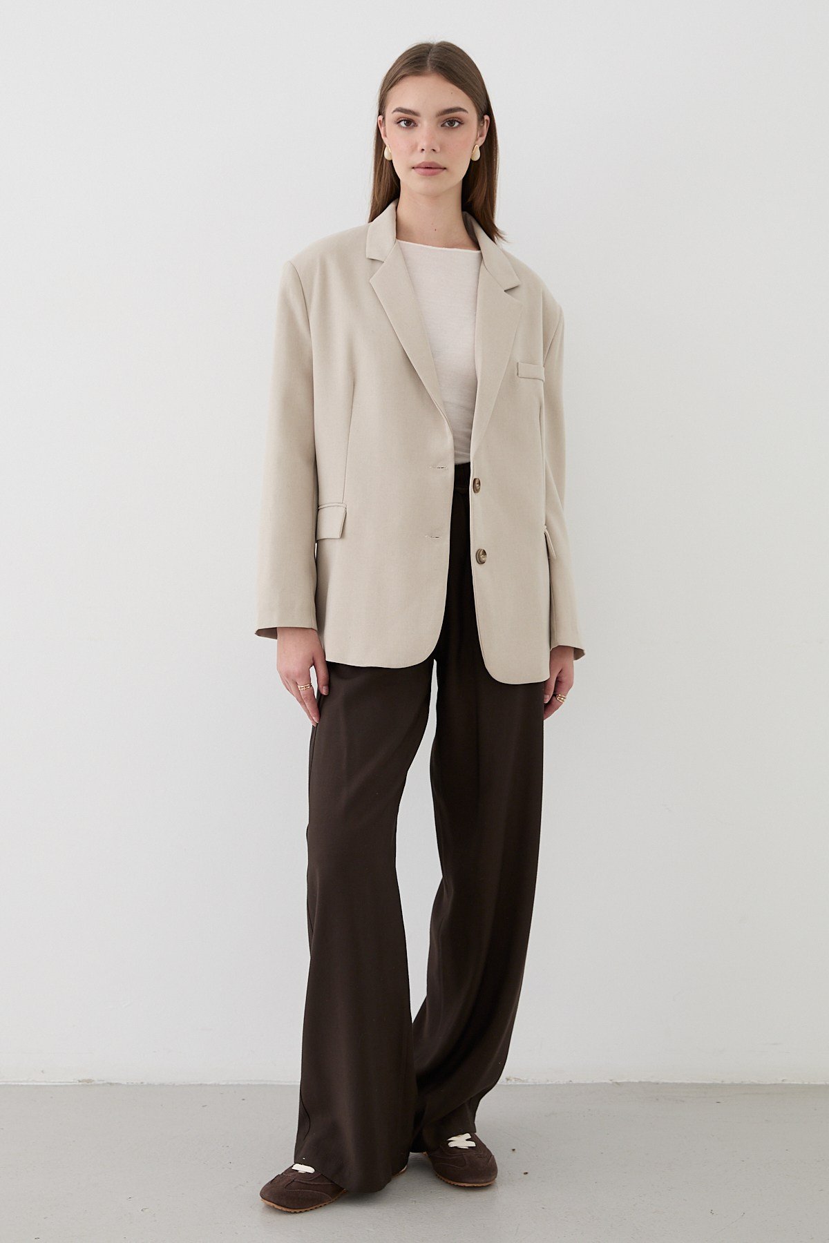 Kadın Taş Düğme Detaylı Oversize Blazer Ceket